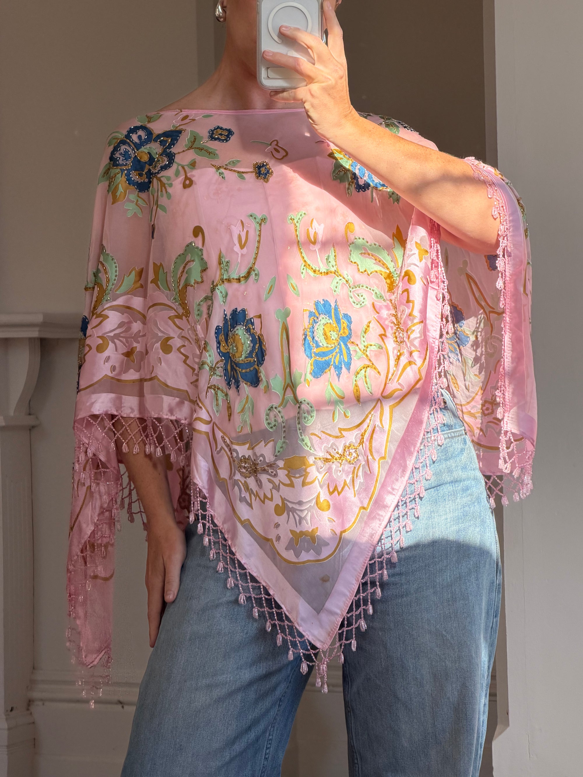Vintage 90s Pink Floral Beaded Fringe Poncho