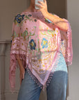Vintage 90s Pink Floral Beaded Fringe Poncho
