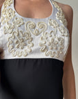 Vintage 90s Halter Crepe Contrast Rope Embroidery Midi Dress