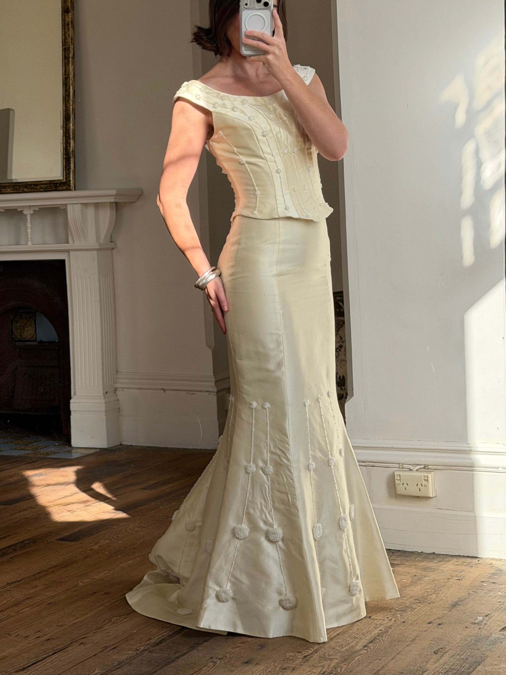 Vintage 90s Italian Two Piece Off Shoulder Beaded Rosette Wedding Set