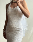 Vintage 90s Sequin Embellished Halter Bodycon Midi Dress White