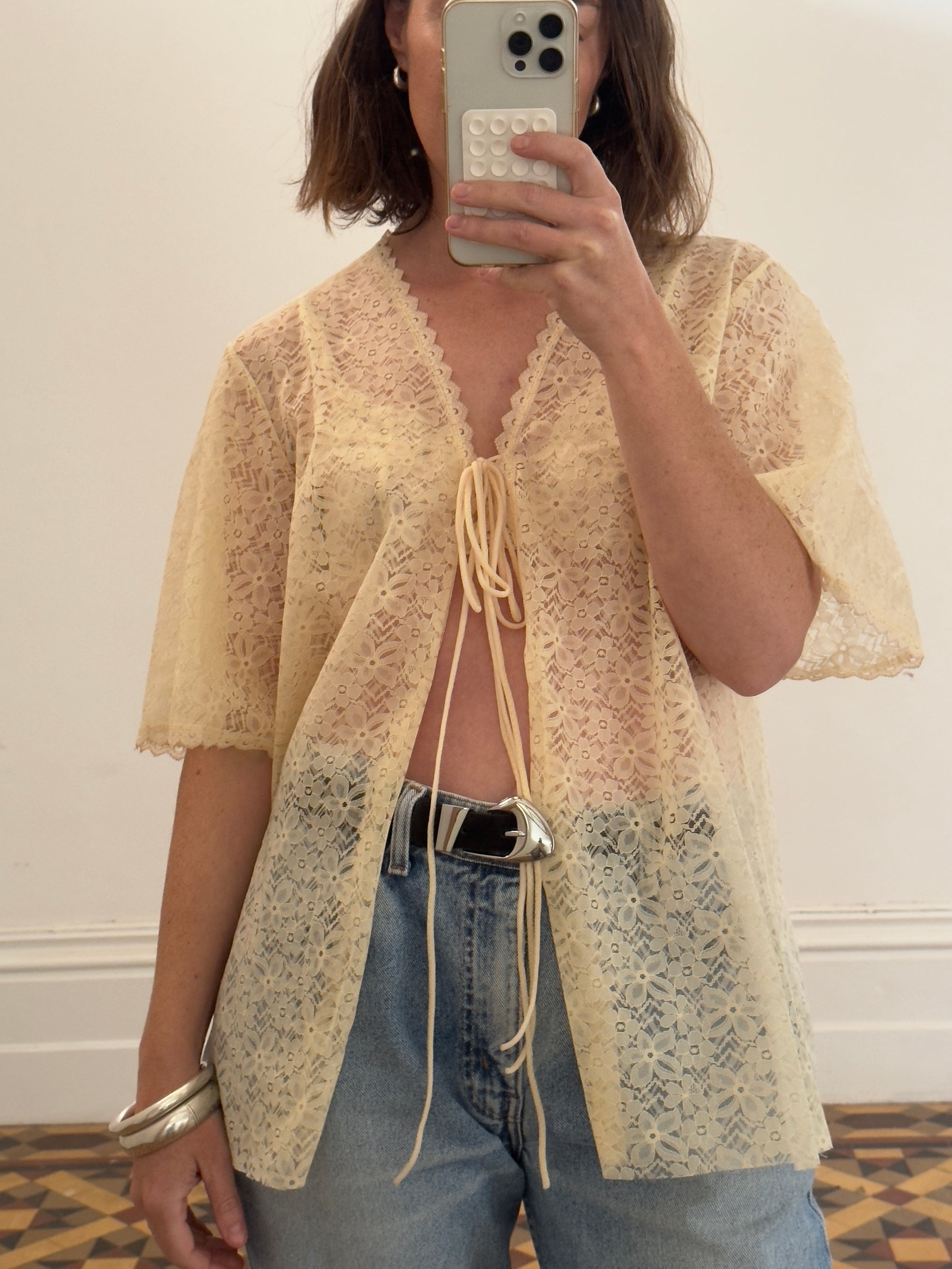 Vintage Creme Lace Tie Top