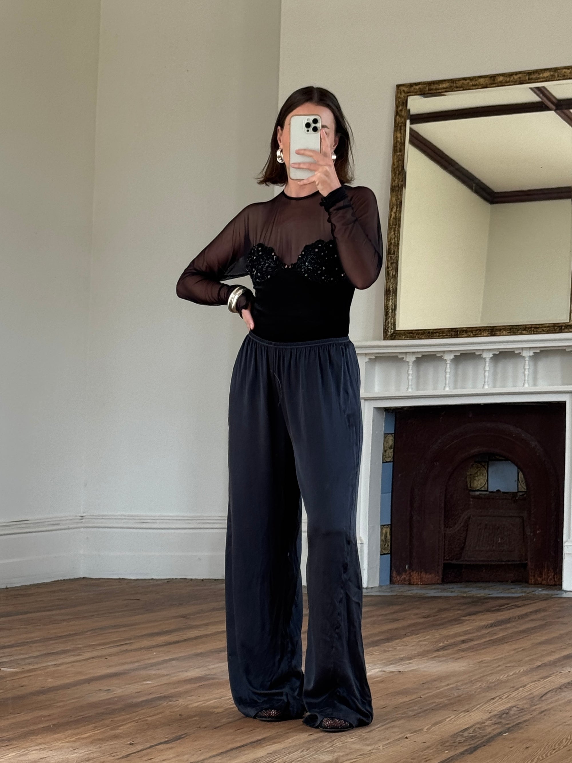 Vintage 90s Emanuel Ungaro Velvet Mesh Embroidered Bodysuit