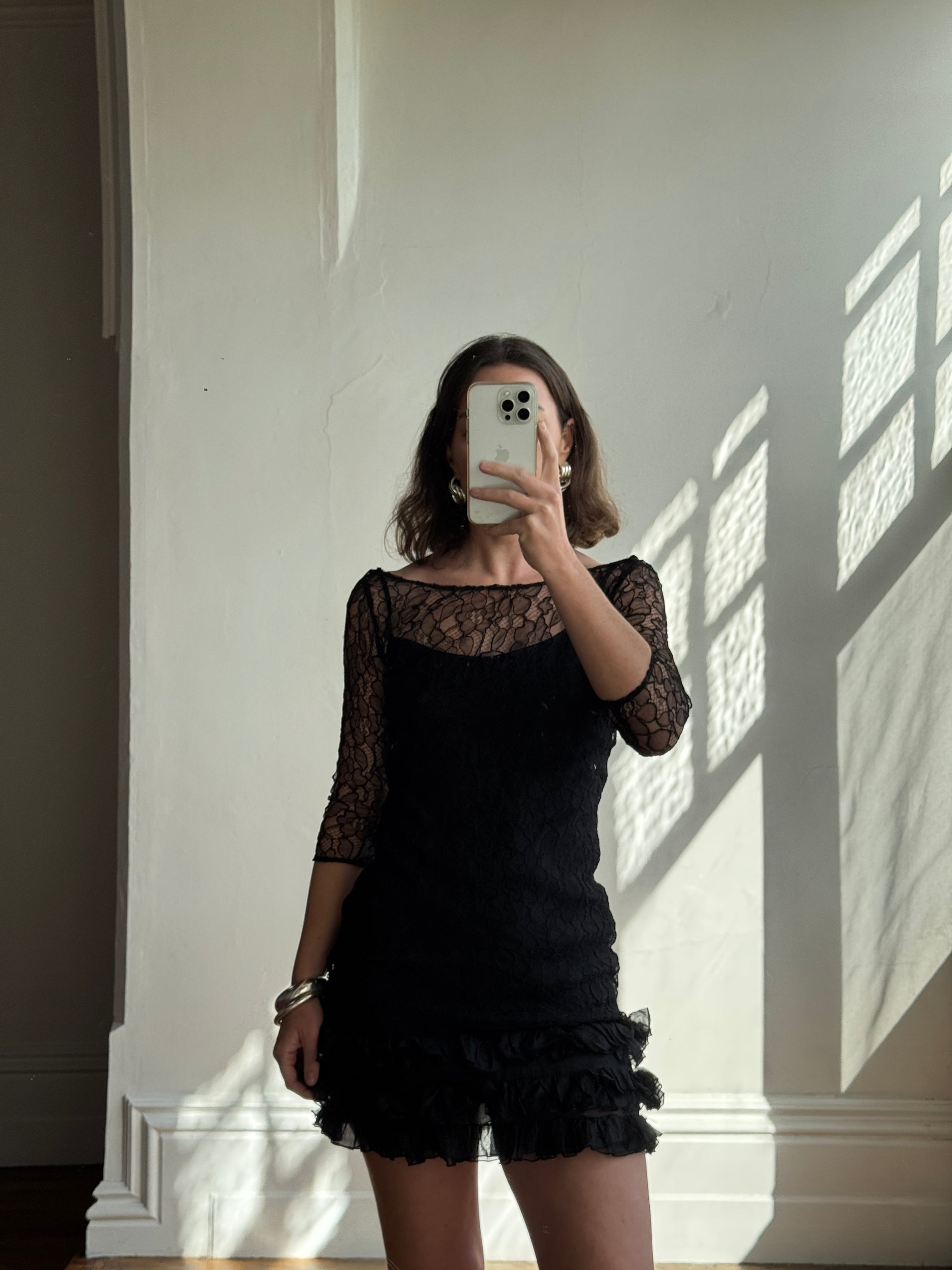 Archival Y2K Lace Ruffle Mini Dress Noir