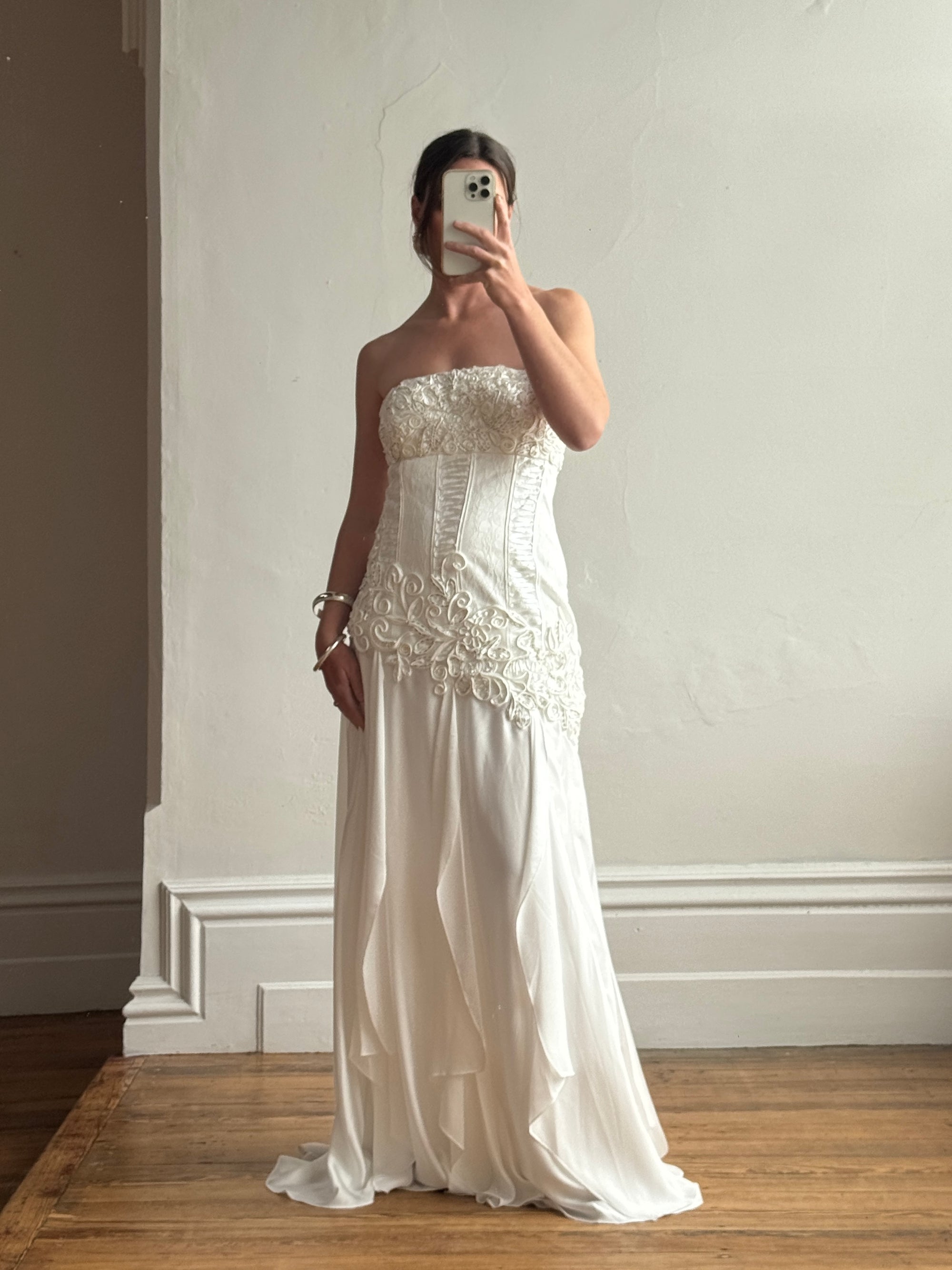 Vintage 90s Embroidered Strapless Fairy Wedding Gown
