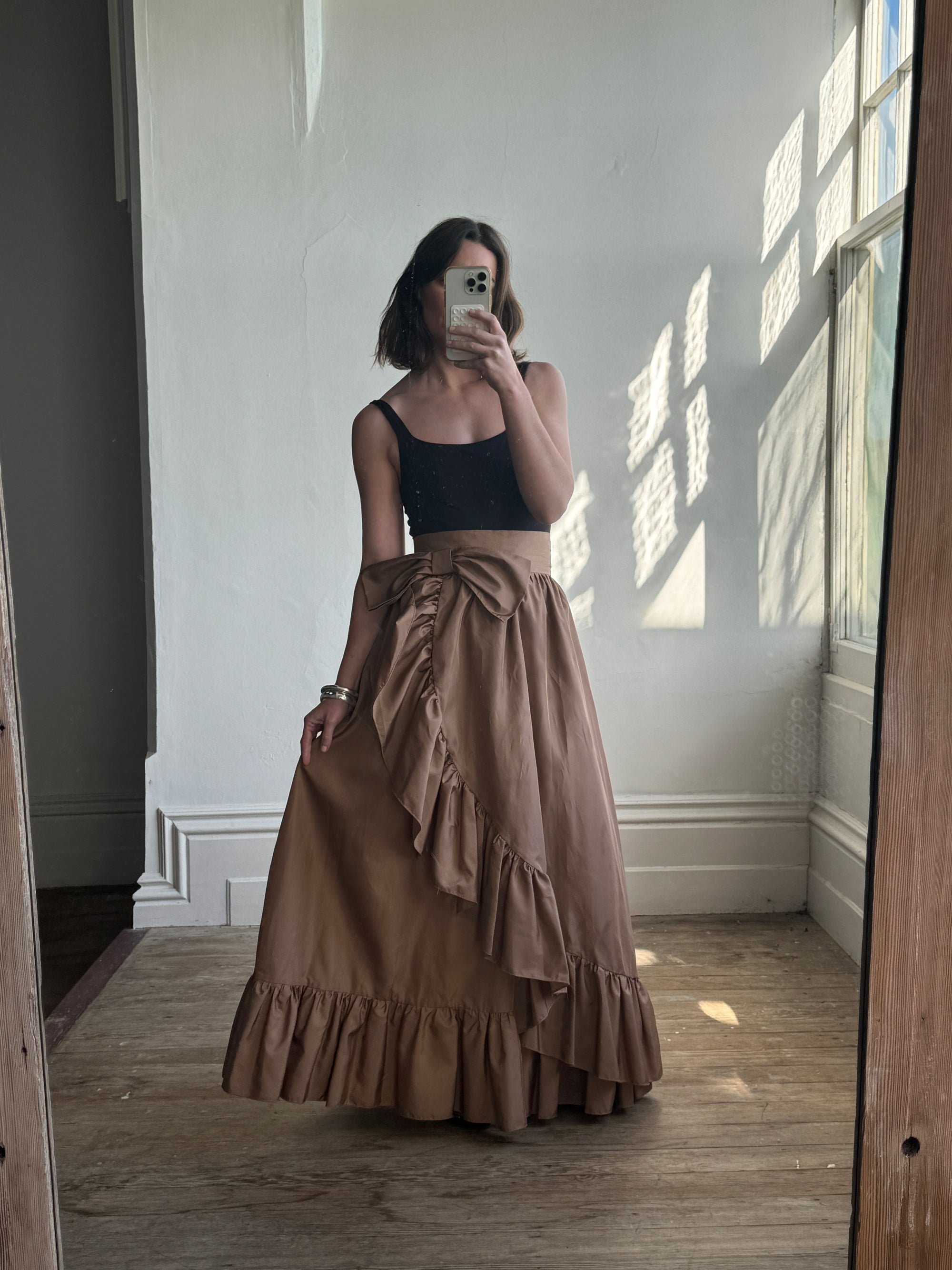 Vintage 80s Taffeta Frill Maxi Skirt Latte