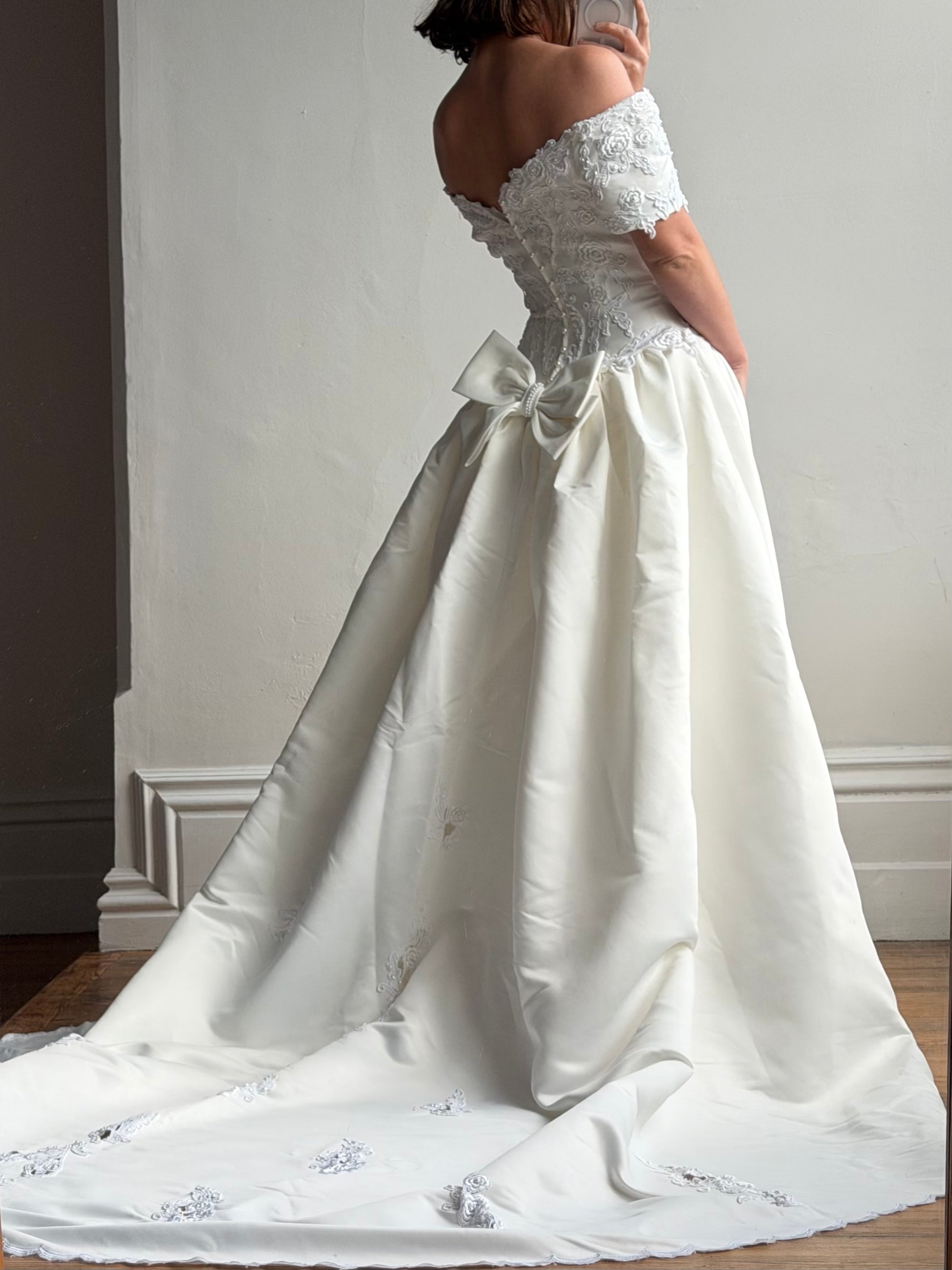 Vintage 90s Embellished Off Shoulder Satin Wedding Gown