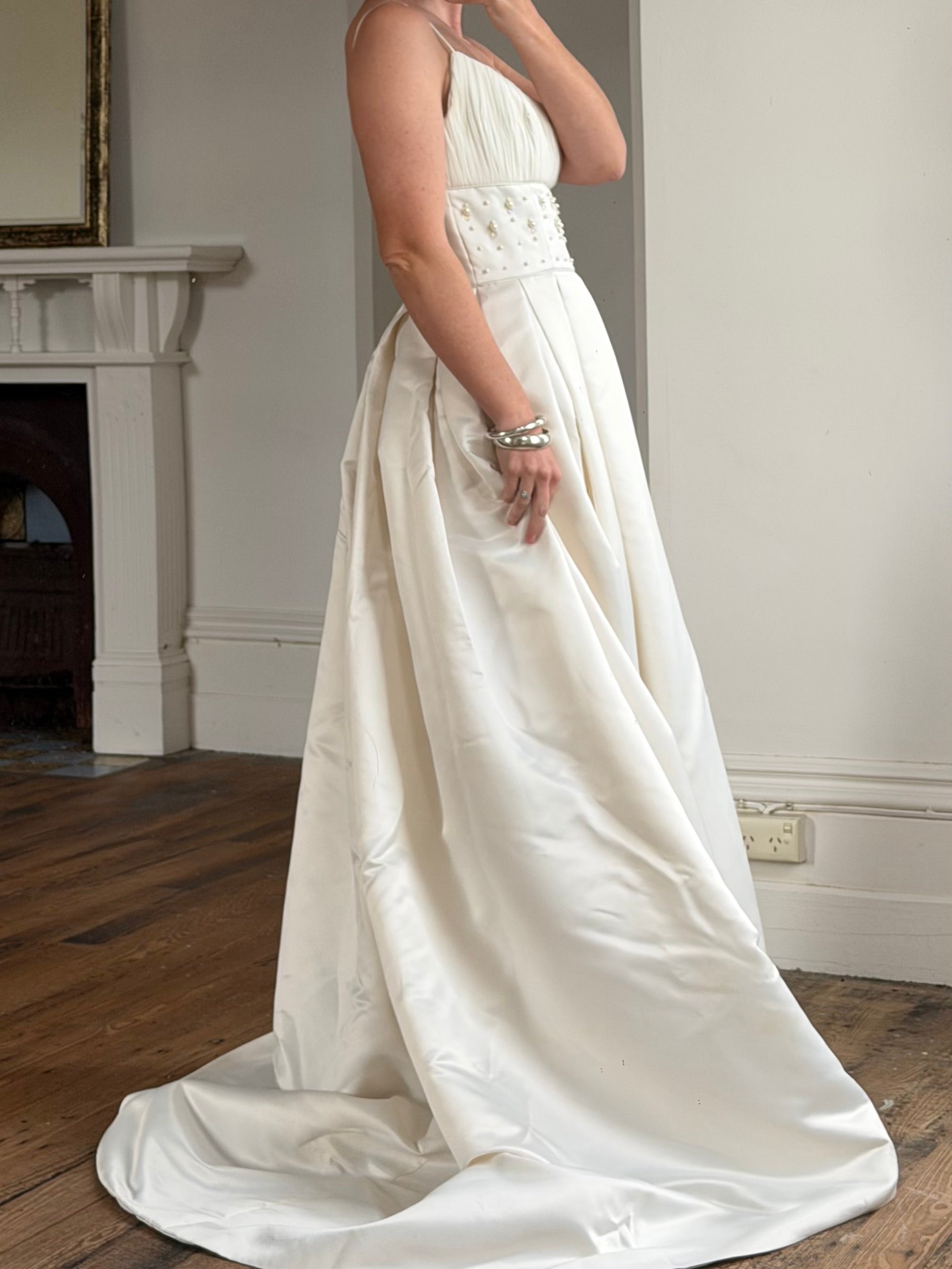 Vintage 90s Crystal Gathered Princess Satin Wedding Gown