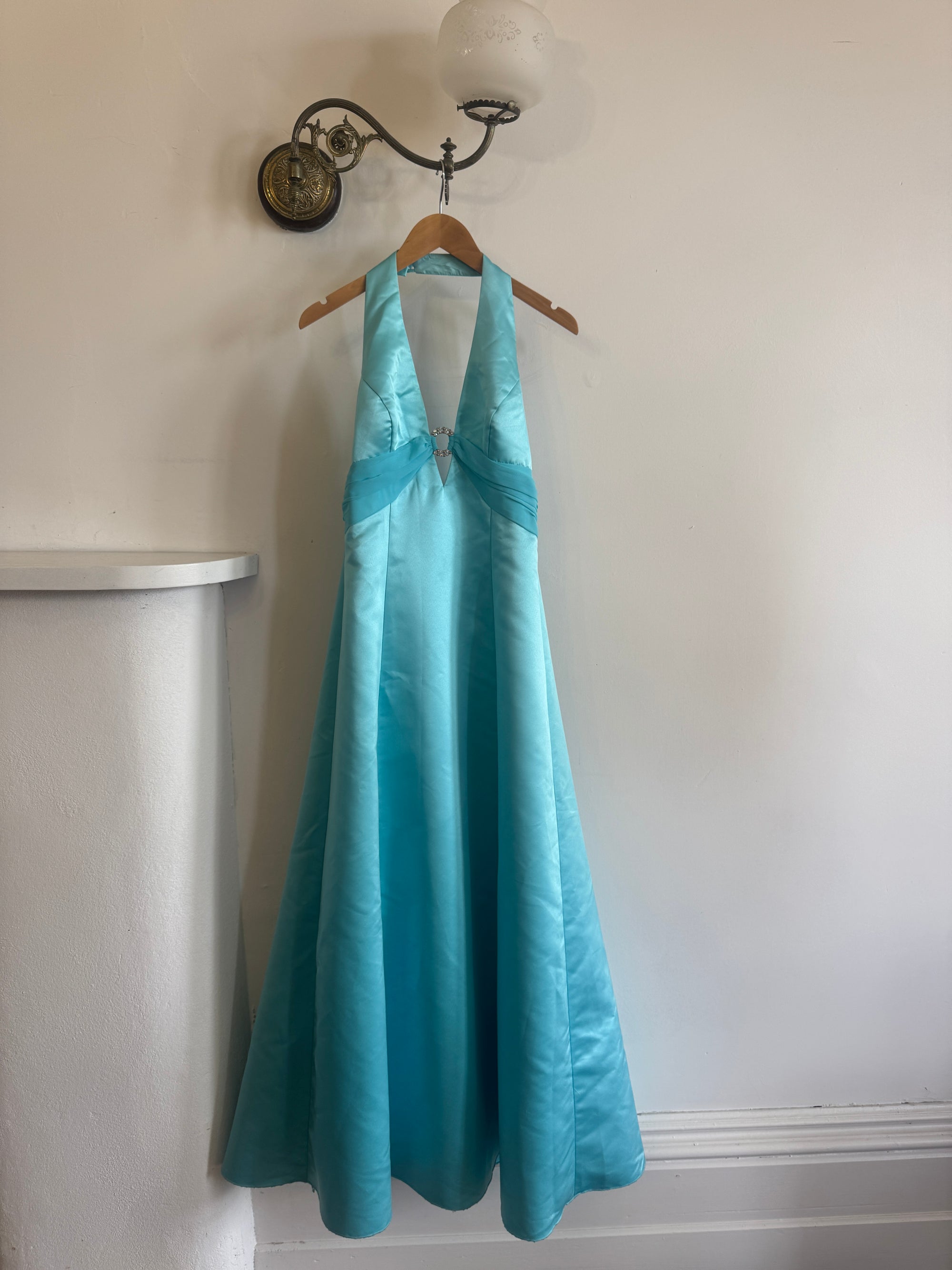Vintage 90s A-Line Aqua Prom Dress with Rhinestones