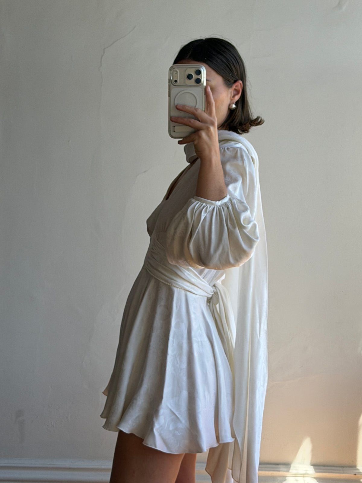 Vintage 70s Satin Jacquard Poet Sleeve Mini Dress