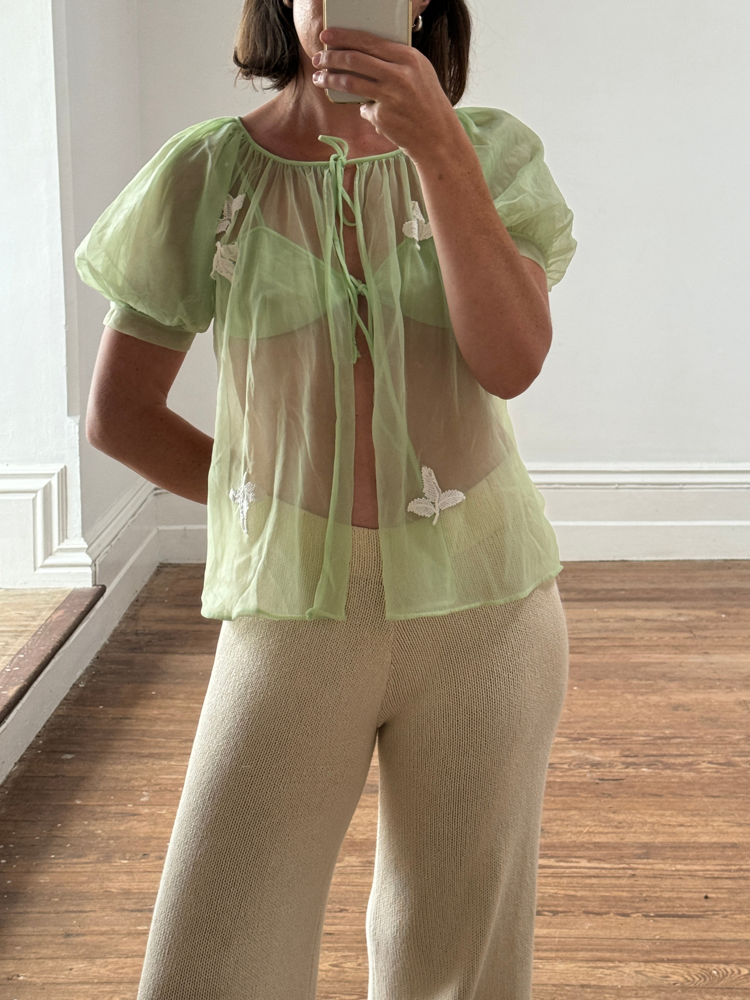 Vintage Babydoll Tie Top and Bralette Set Apple