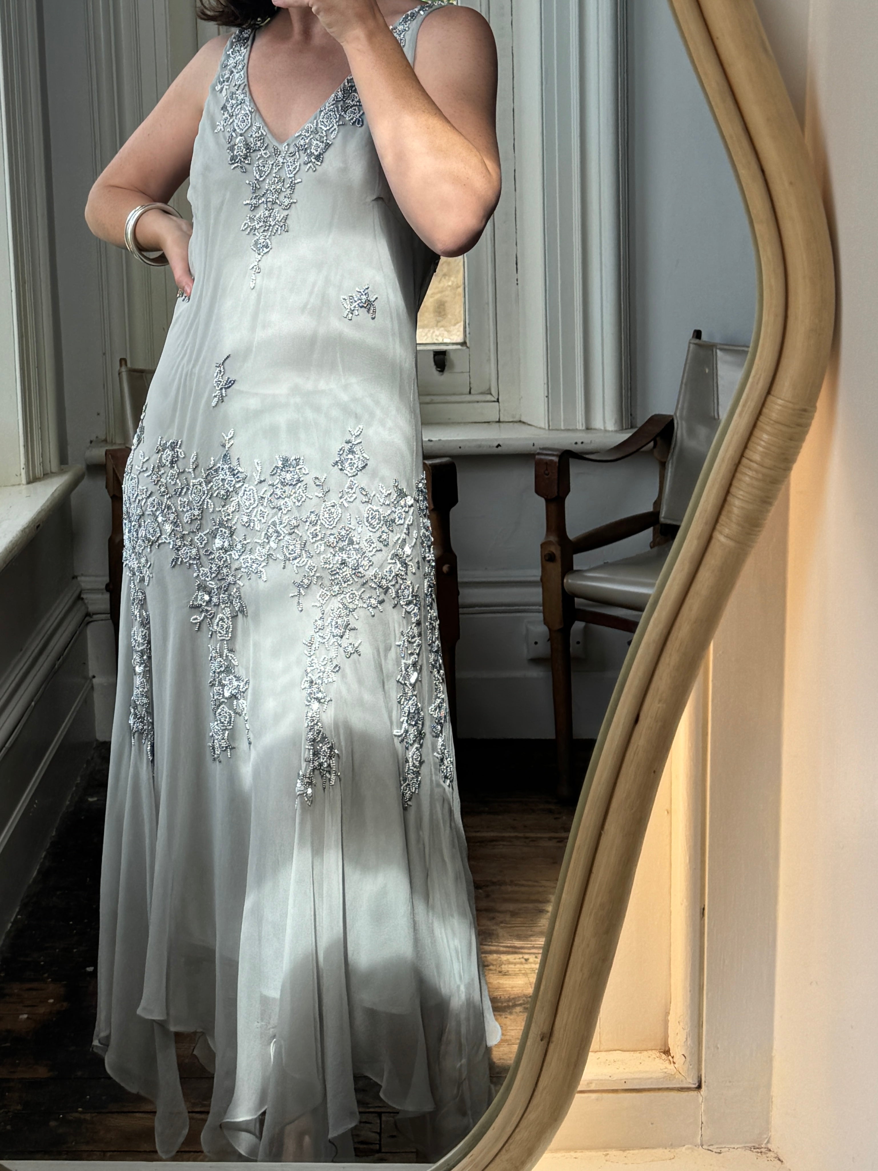 Vintage 90s Pure Silk Beaded V Neck Dress Light Grey