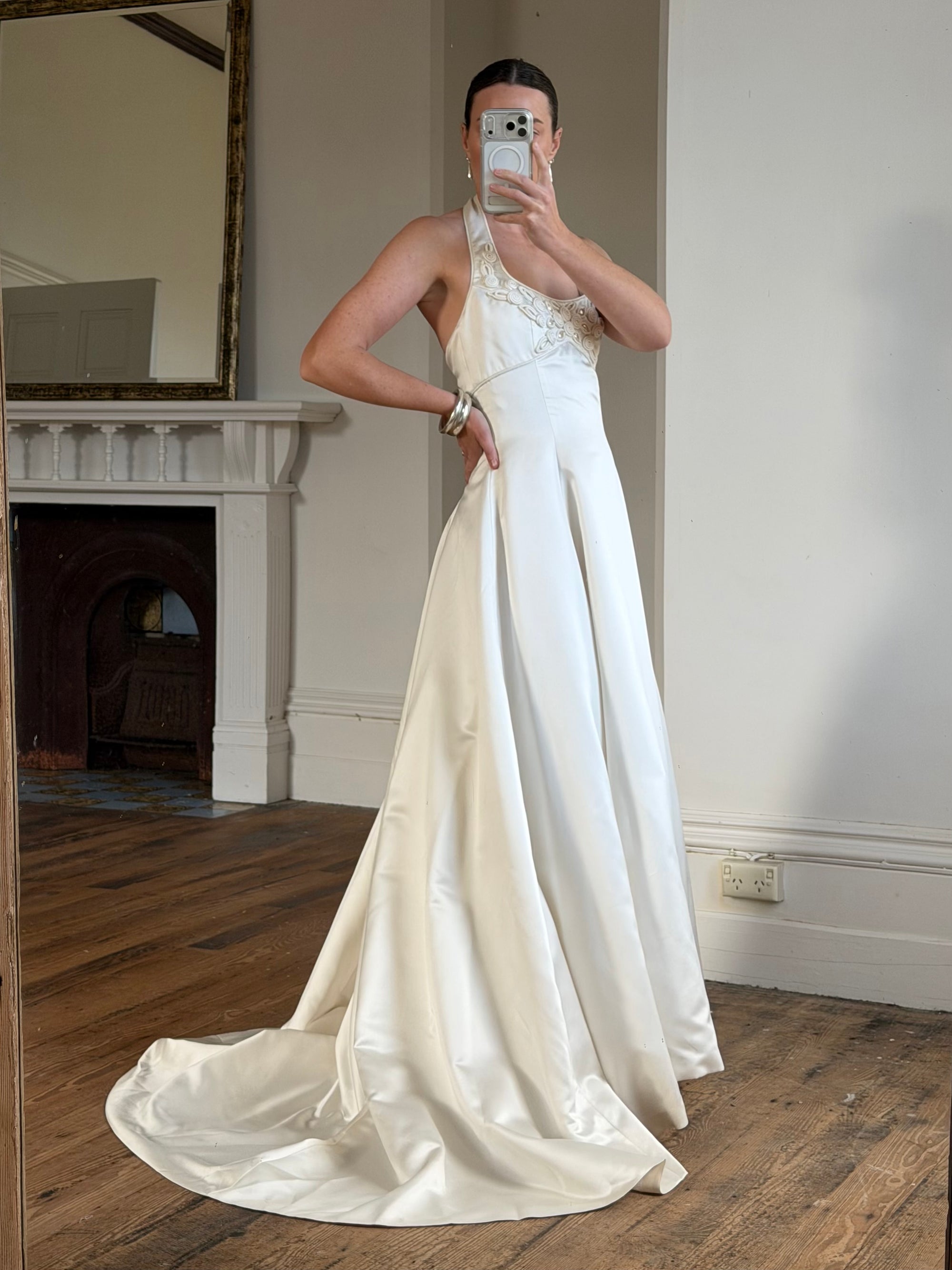Vintage 90s Ivory Beaded Halter Bridal Ballgown