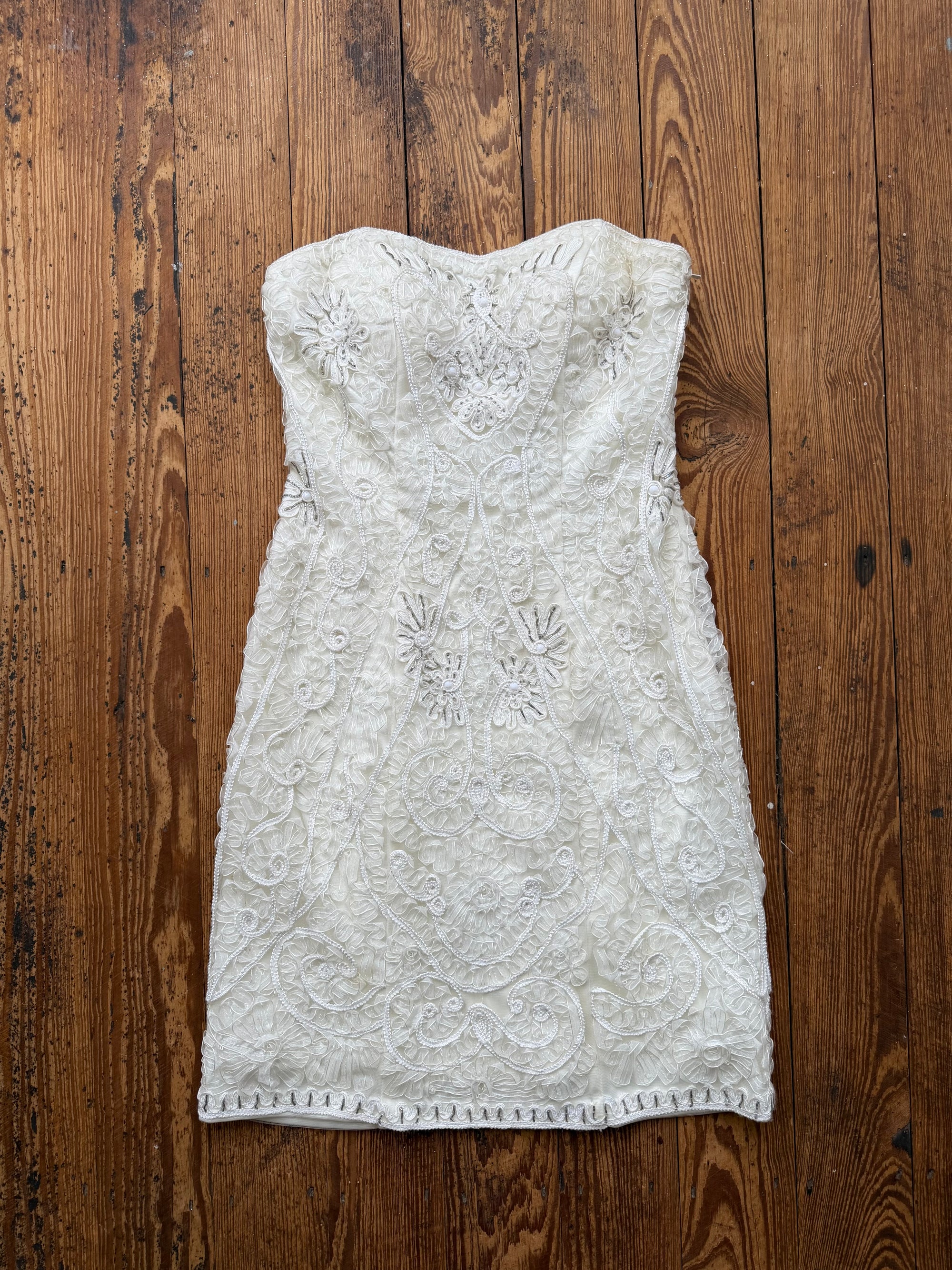 Vintage 90s Ribbon Crochet Embroidered Mini Dress