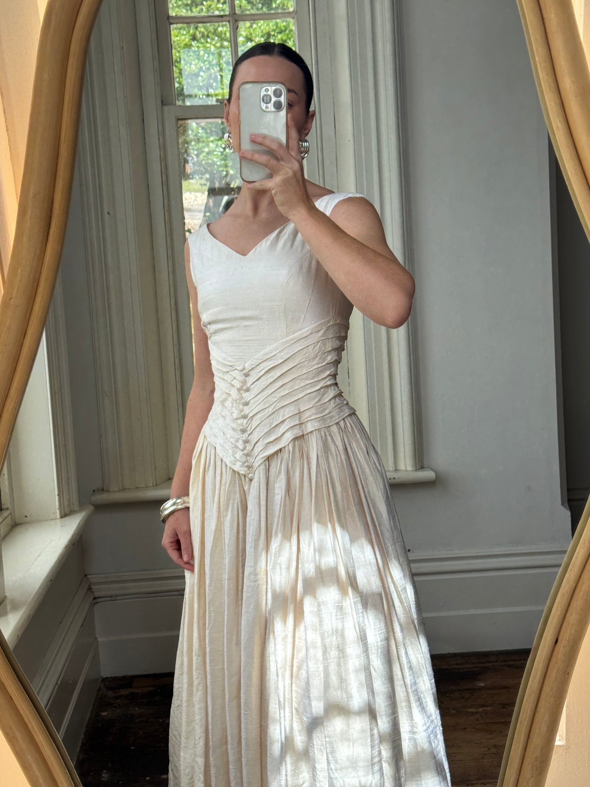 Vintage 90s Pure Silk Pleated Waist Wedding Dress