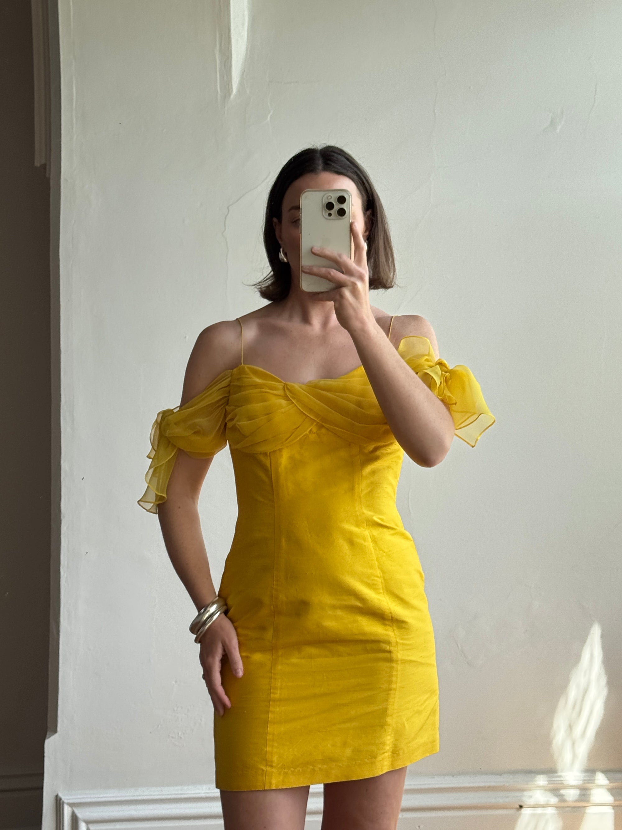 Vintage 90s Pure Silk Mini Dress Sunshine Yellow