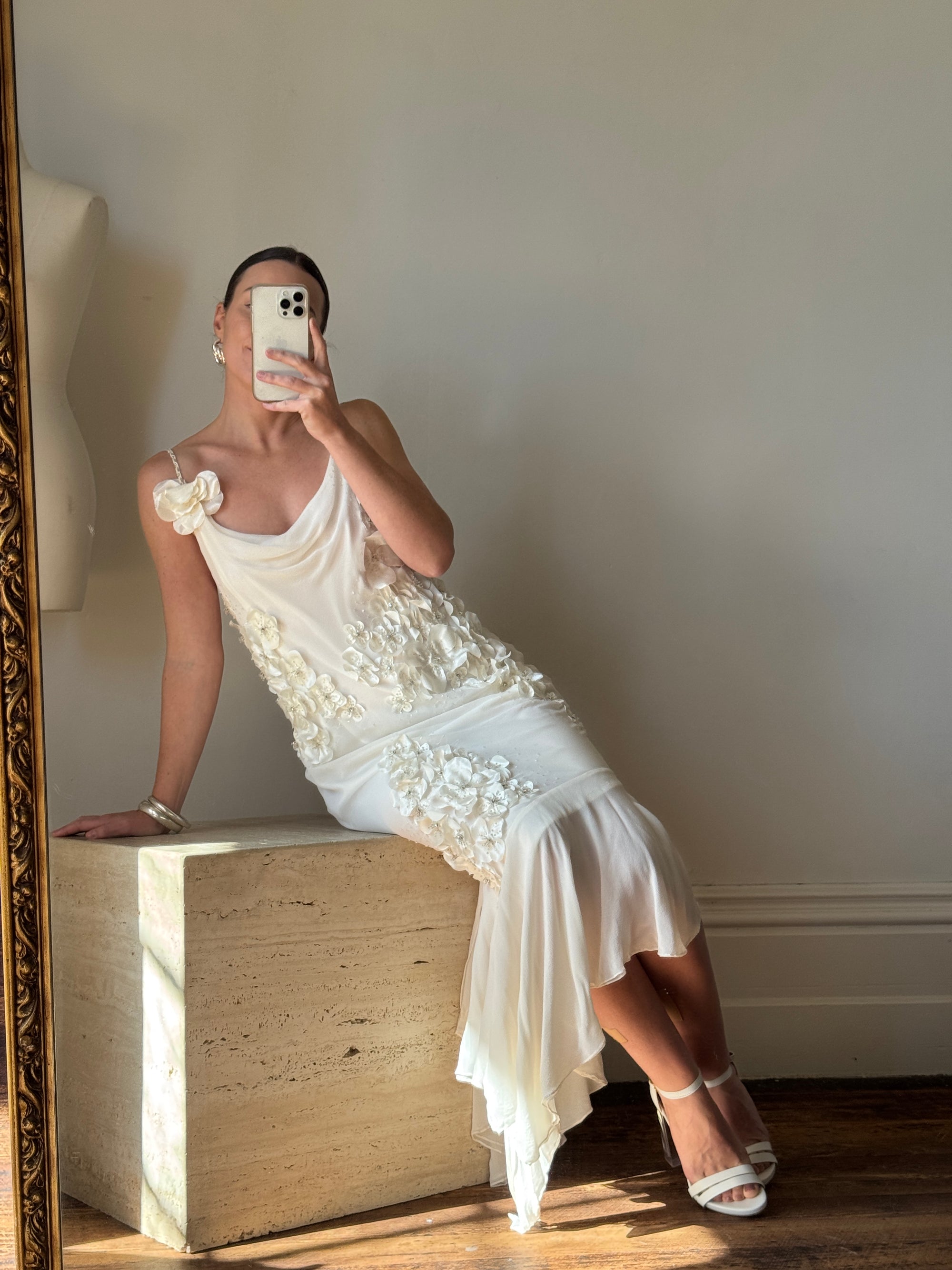 Vintage 90s Pure Silk 3D Floral Fairy Dress Ivory