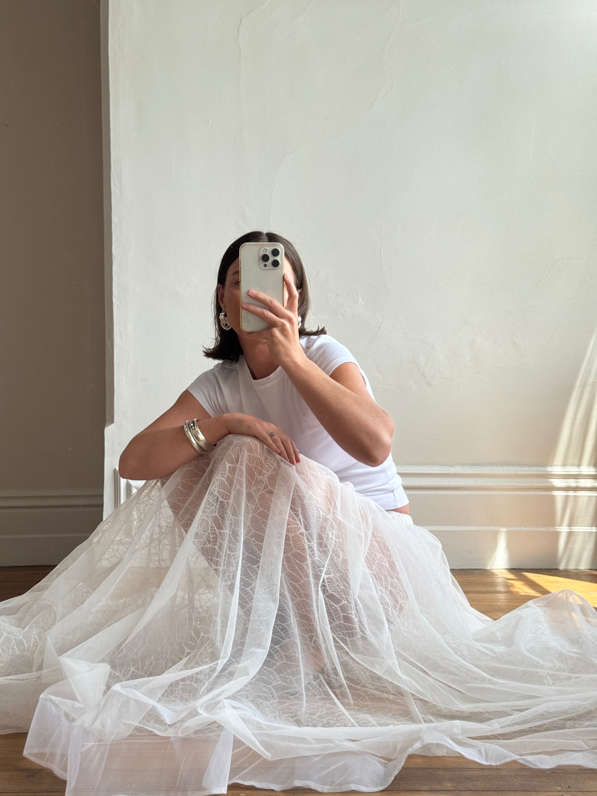 Vintage 80s Sheer Organza Webbed Lace Bridal Skirt