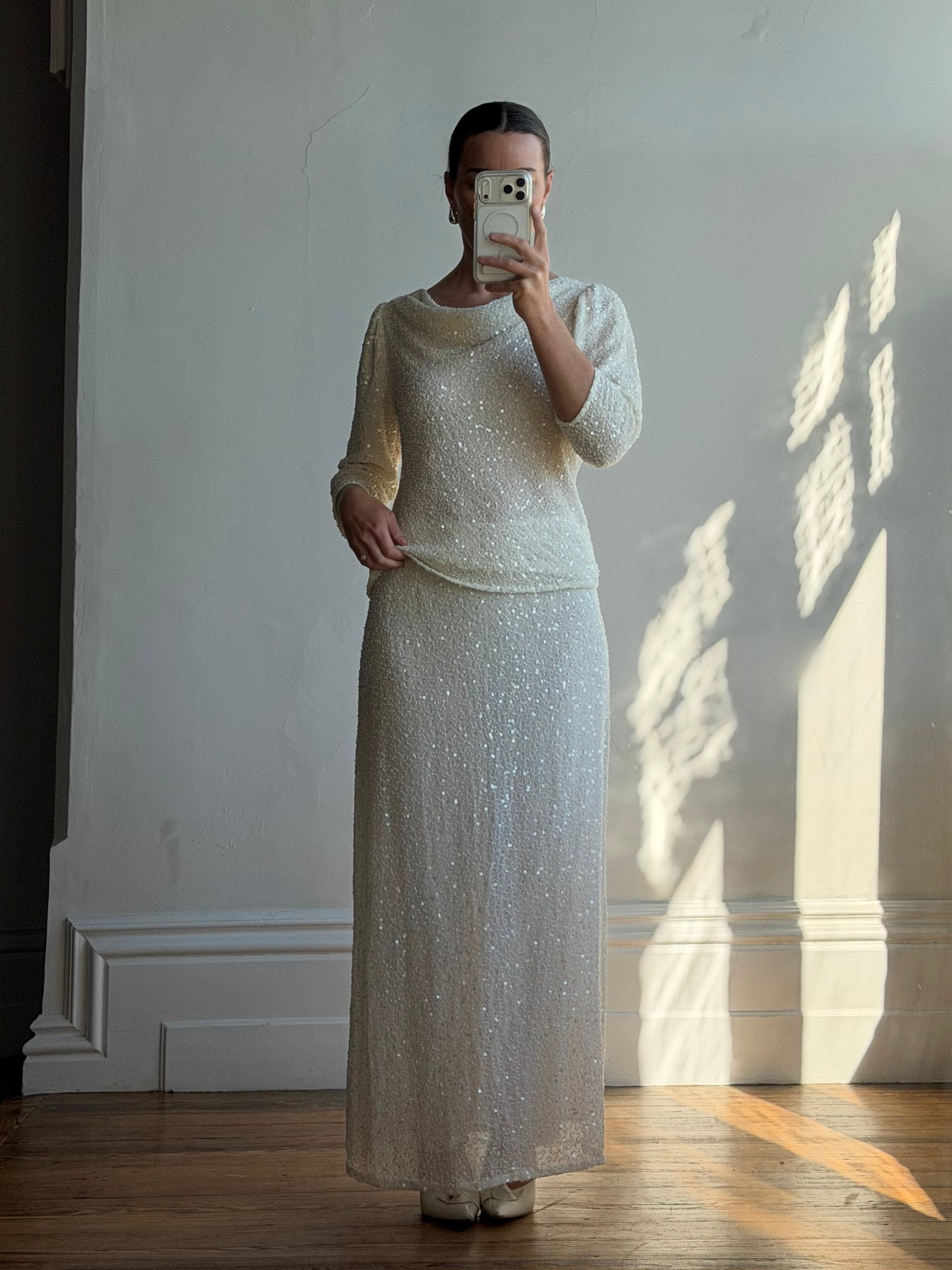 Vintage 80s Sequin Pure Silk Two Piece Bridal Set