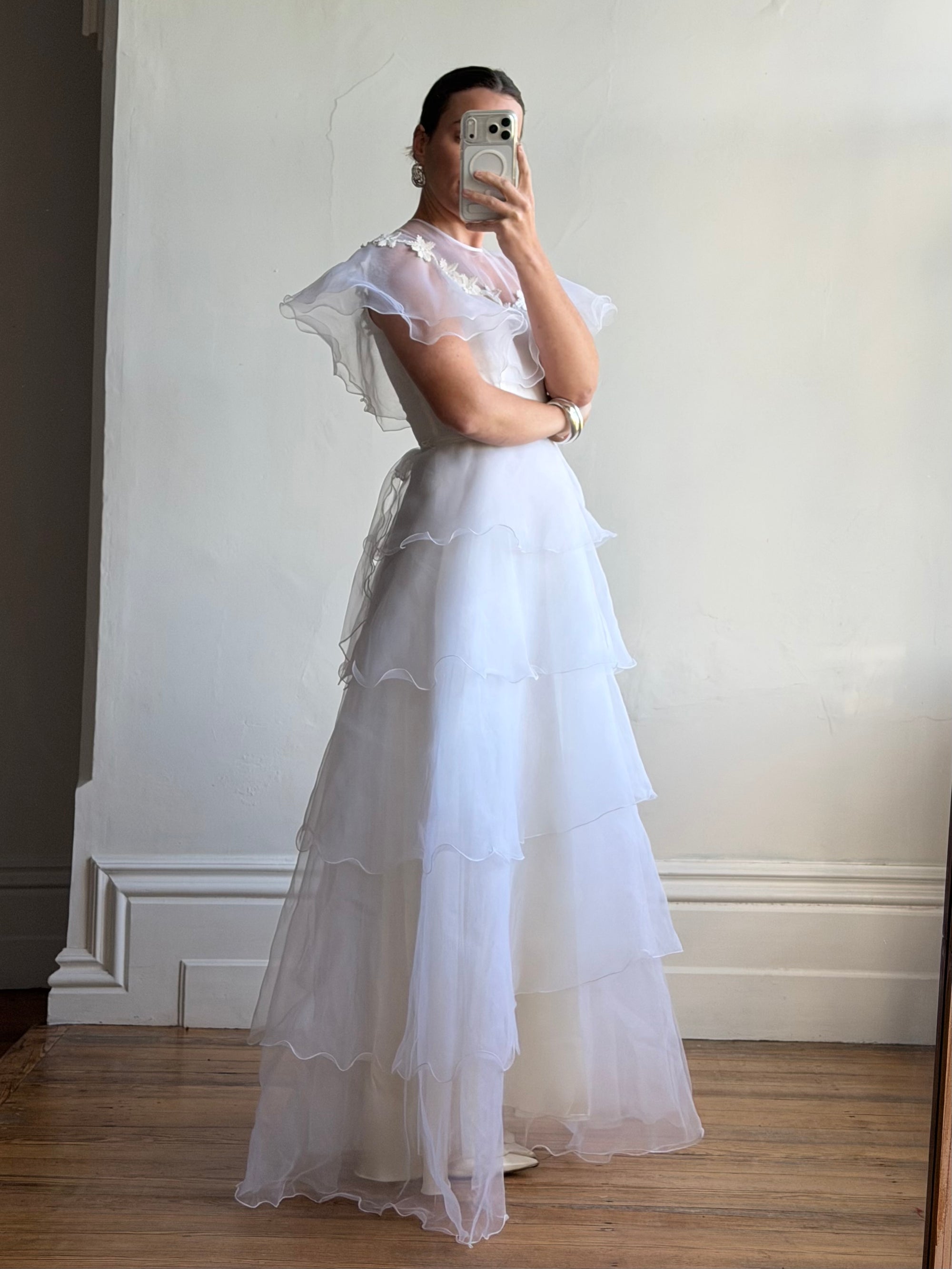 Vintage 70s Tiered Organza Prairie Daisy Wedding Dress