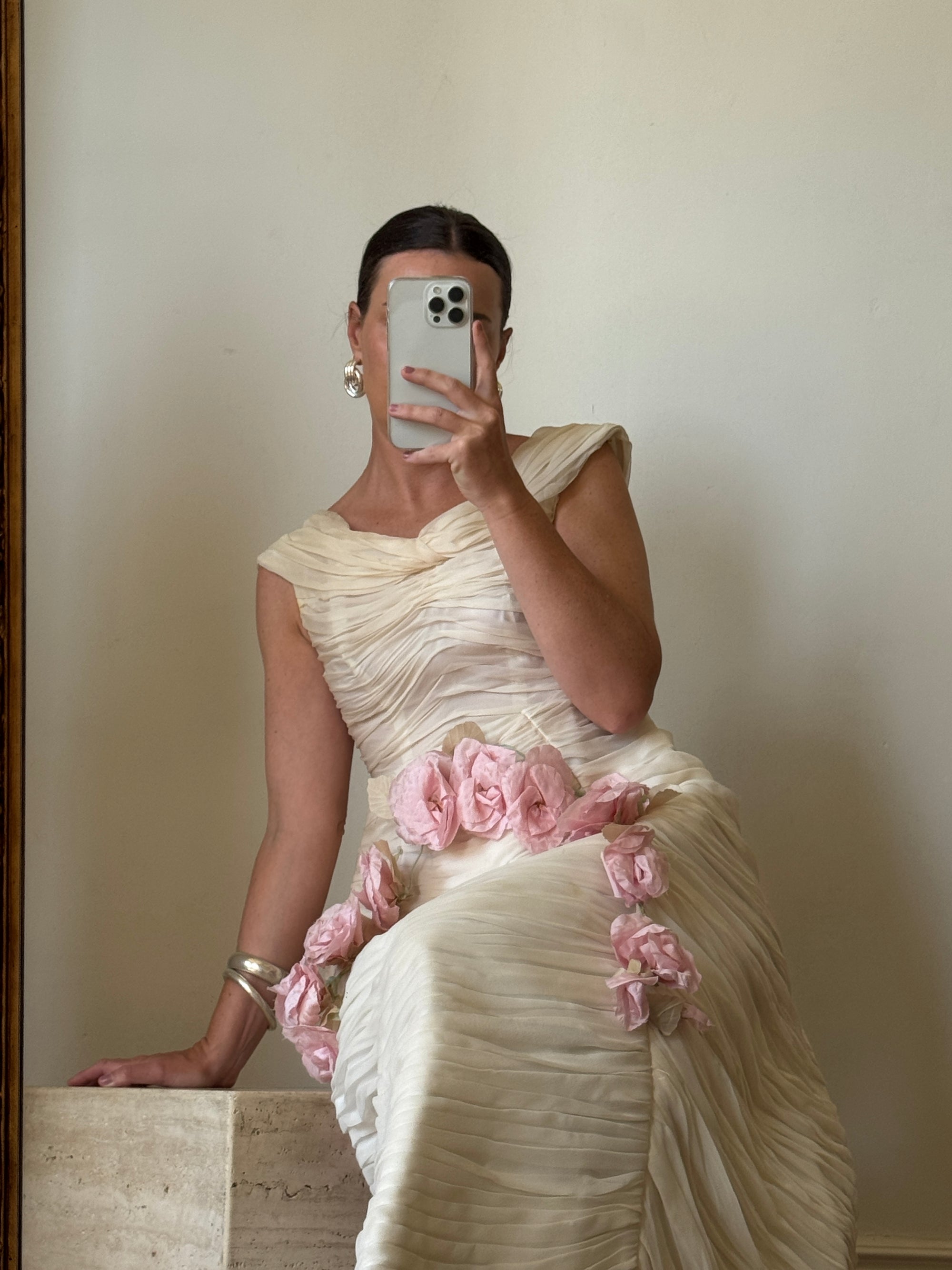 Vintage 60s Silk Pleated Wedding Gown with Pink Flowers