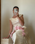 Vintage 60s Silk Pleated Wedding Gown with Pink Flowers