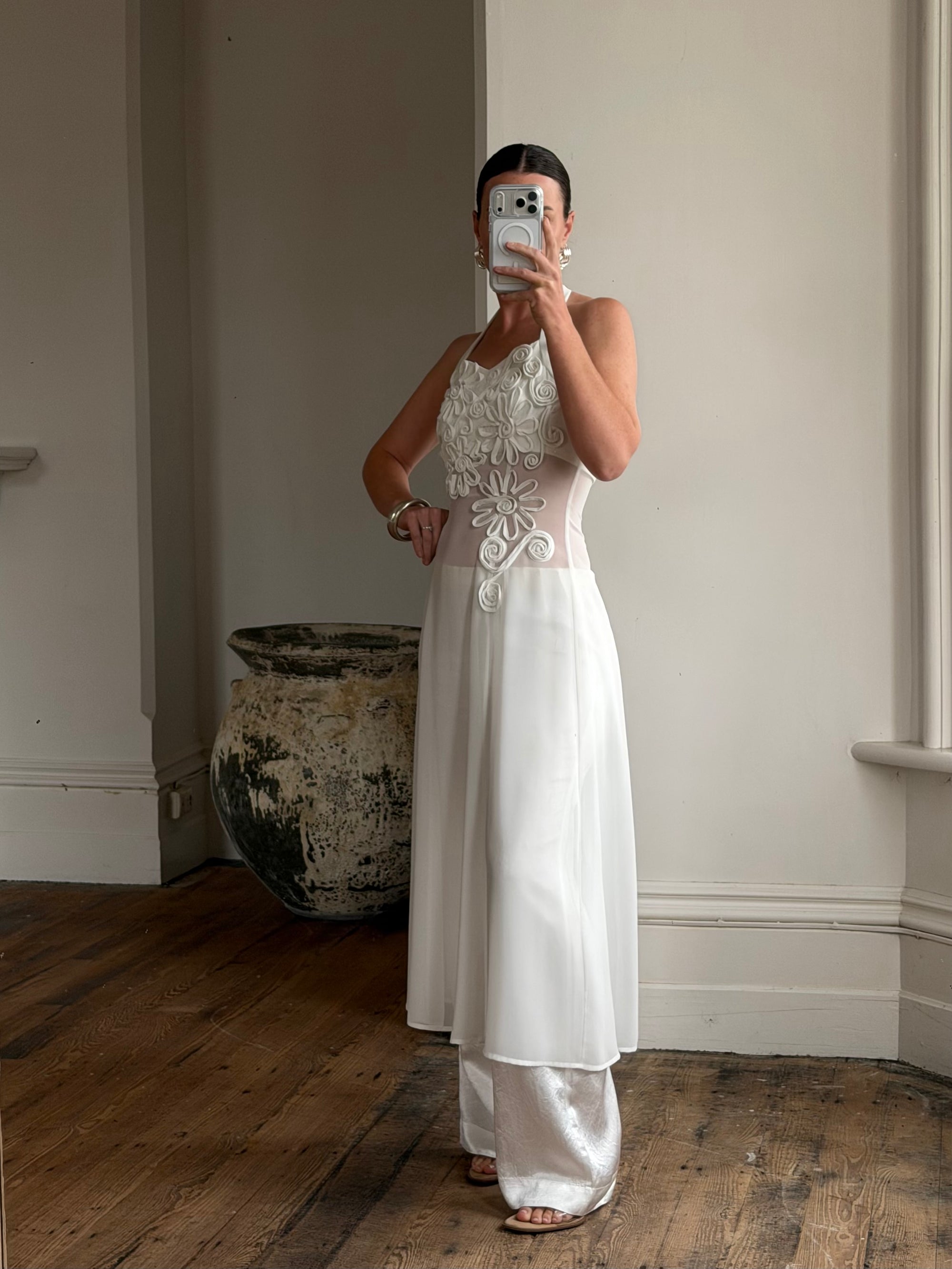 Vintage 90s Daisy Sheer Halter Midi Dress White