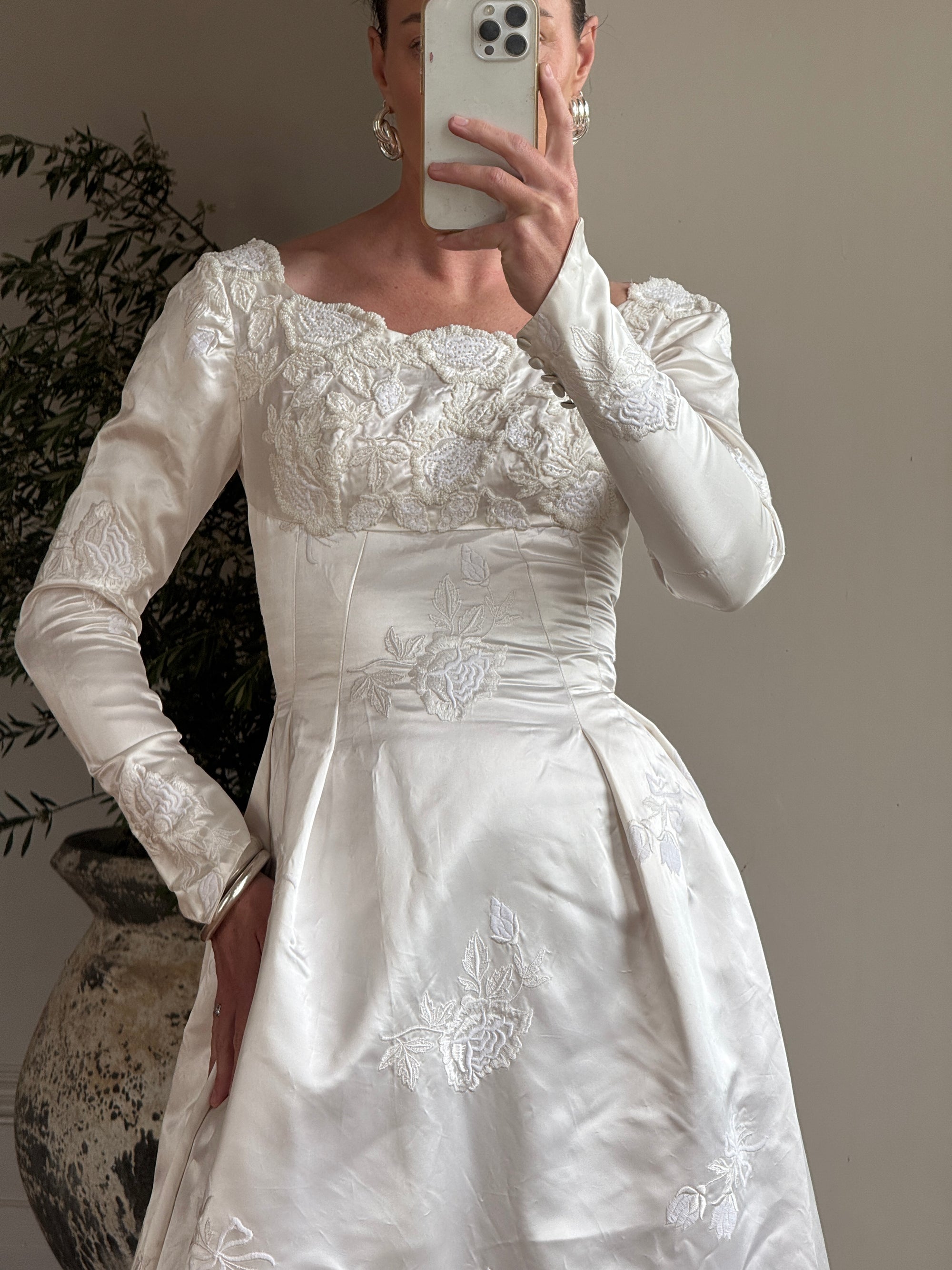 Vintage 60s Satin Jacquard Embellished Wedding Gown Ivory