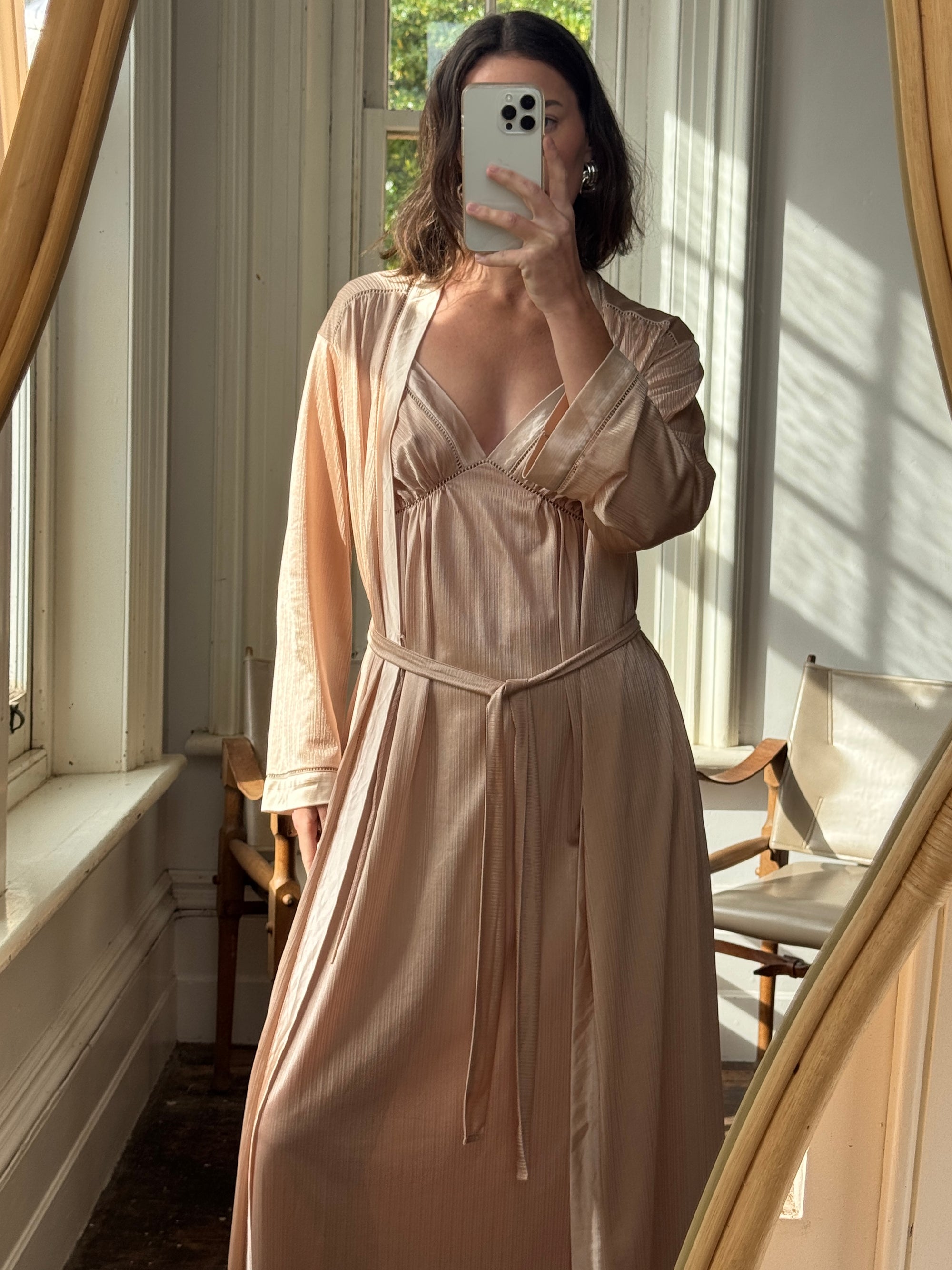 Vintage 80s Champagne Peach Robe and Slip Set