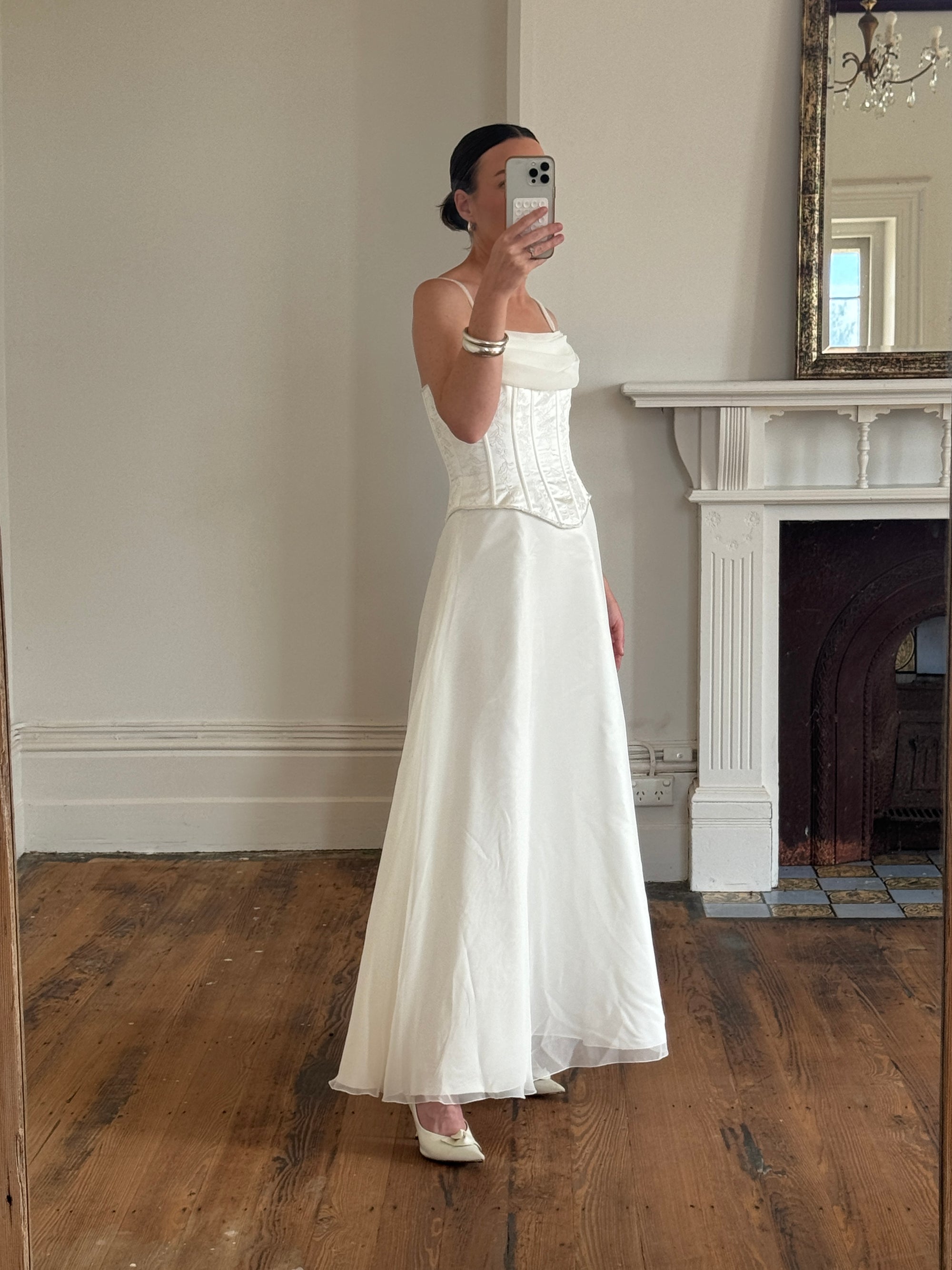 Vintage 90s Cowl Neck Jacquard Bodice Satin Wedding Dress