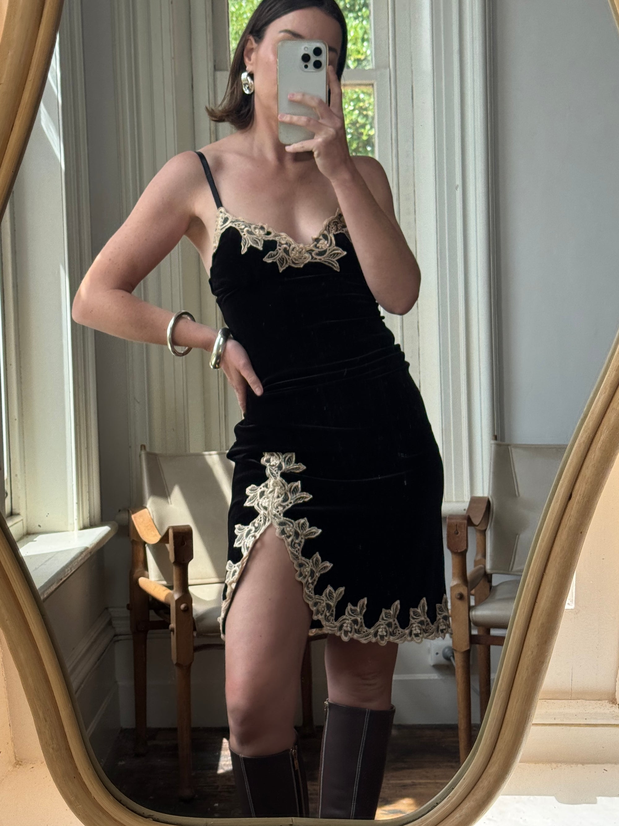 Vintage 90s Australian Made Velvet Lace Side Split Dress Creme Noir