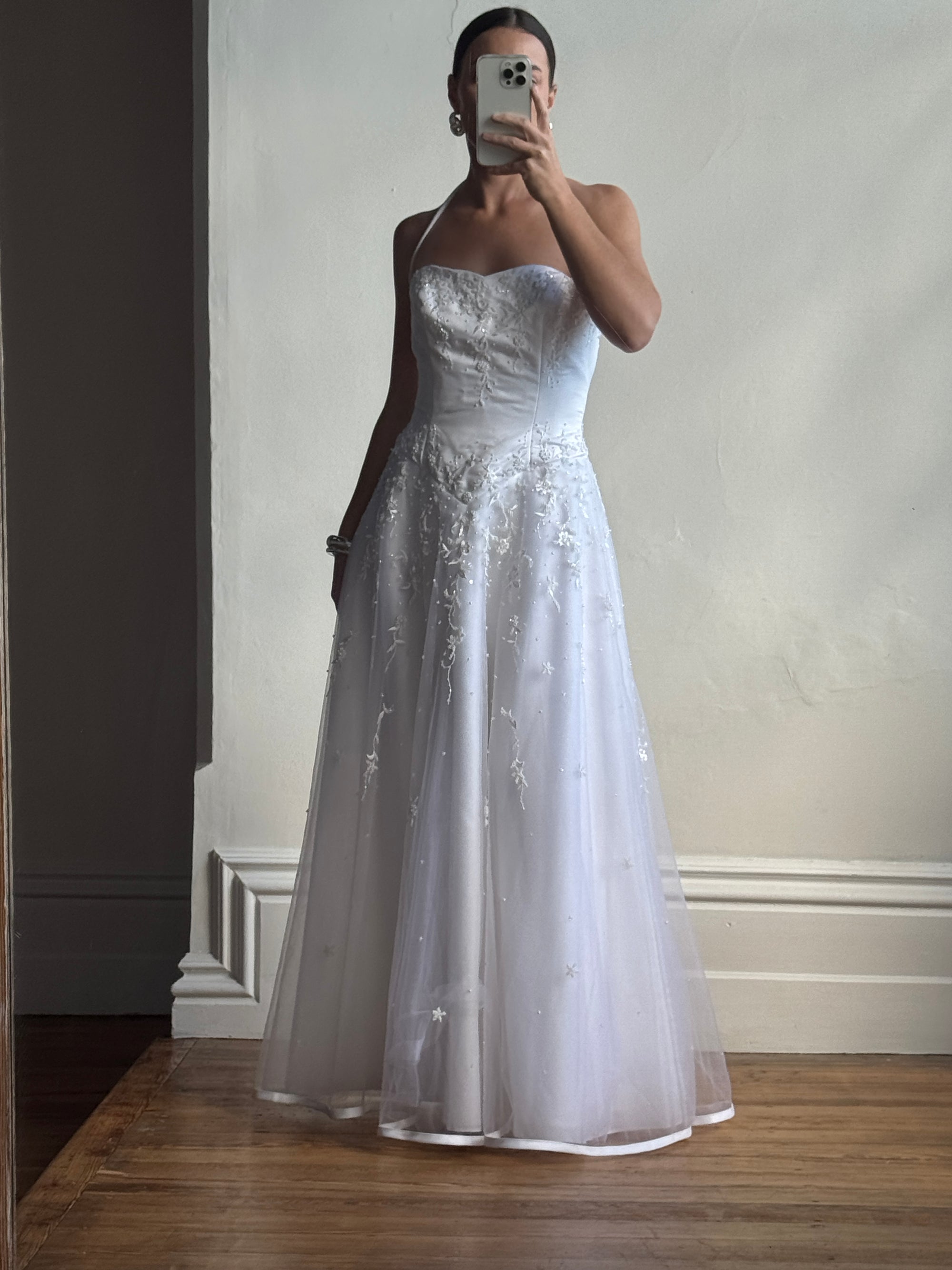 Vintage 90s Basque Halter Embellished Wedding Gown