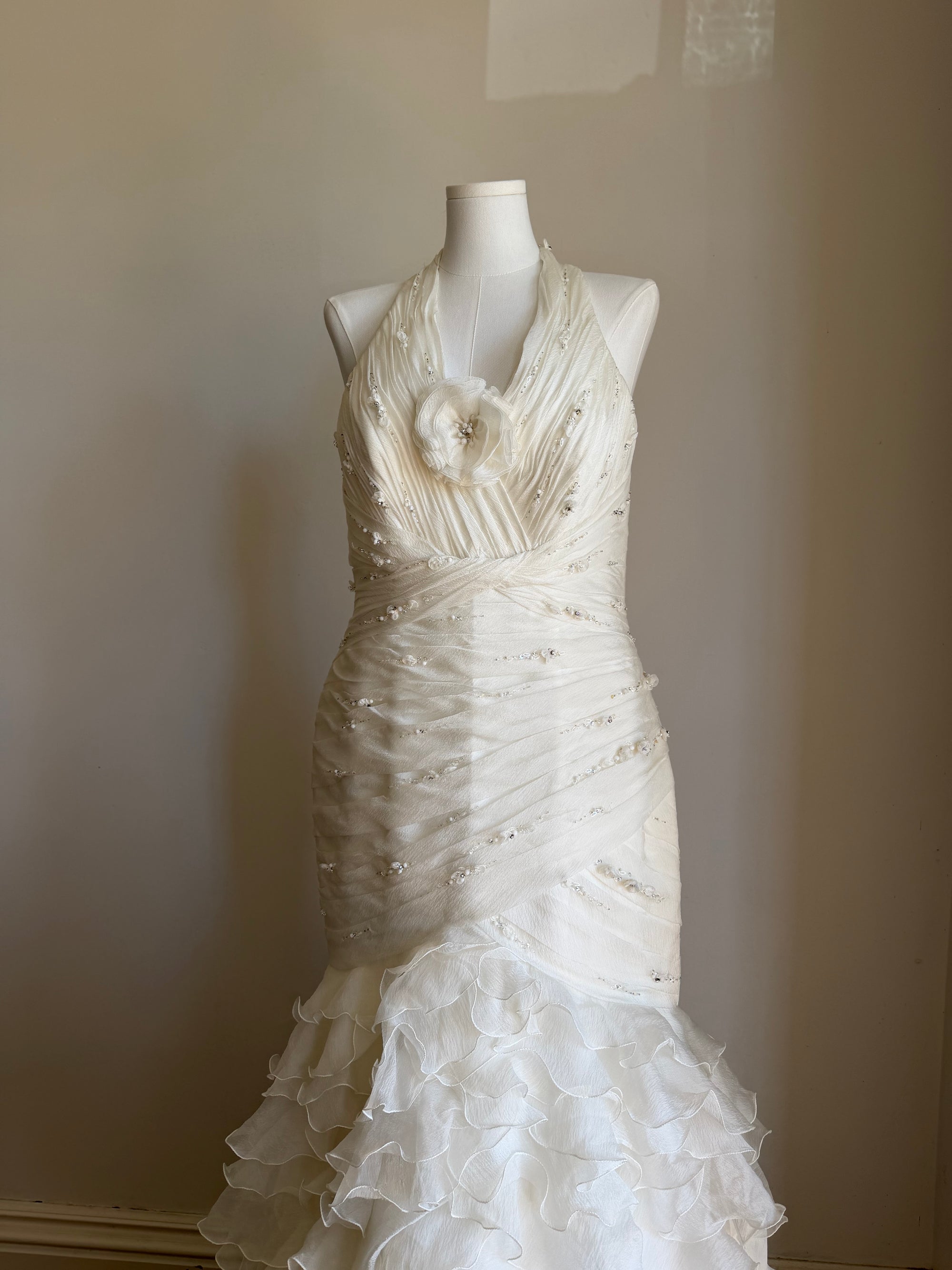 Vintage 90s Italian Plus Size Halter Ruffle Wedding Gown