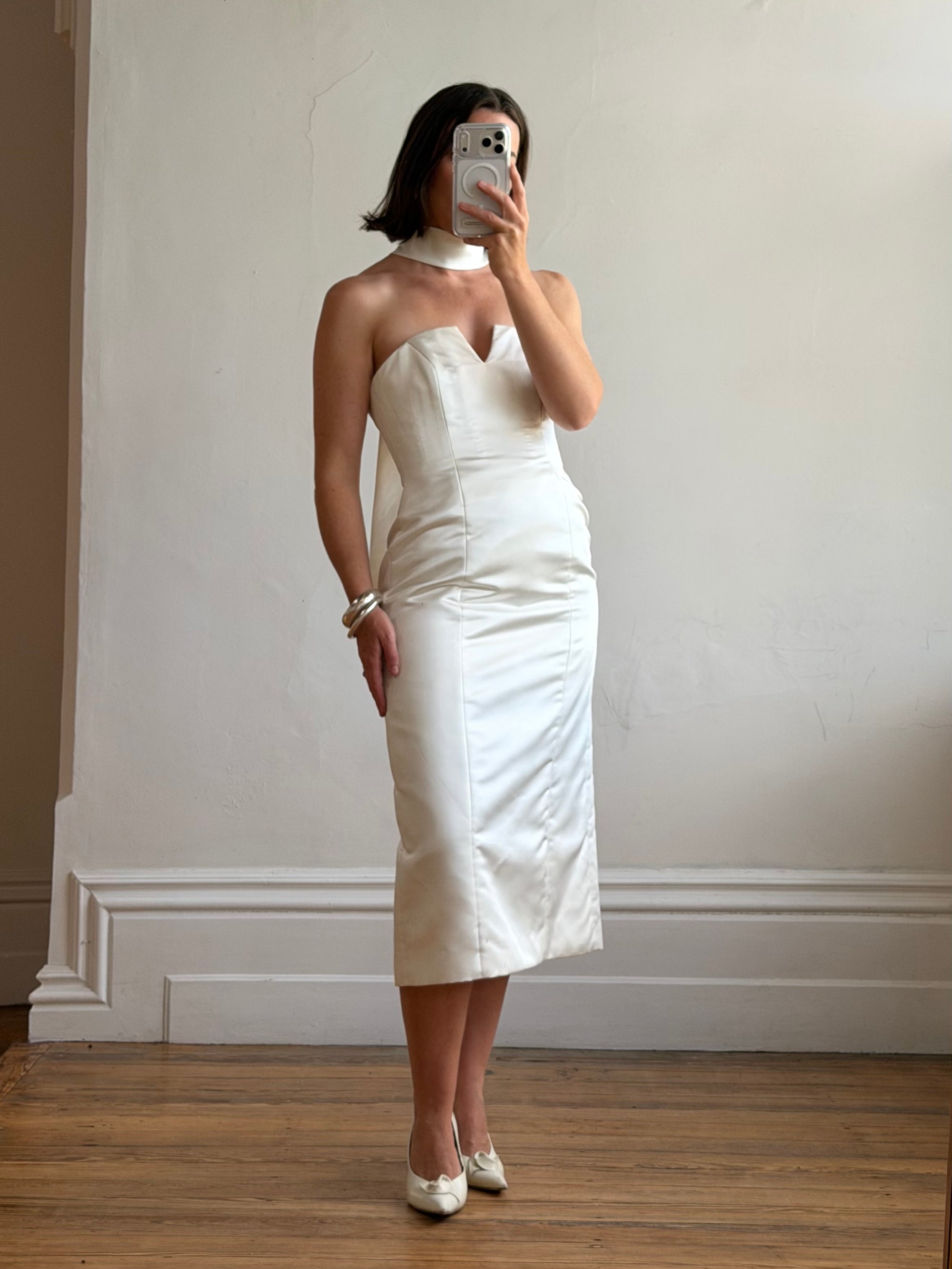 Vintage 90s Satin Strapless Bridal Midi With Neck Tie