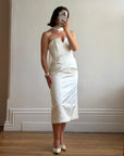 Vintage 90s Satin Strapless Bridal Midi With Neck Tie