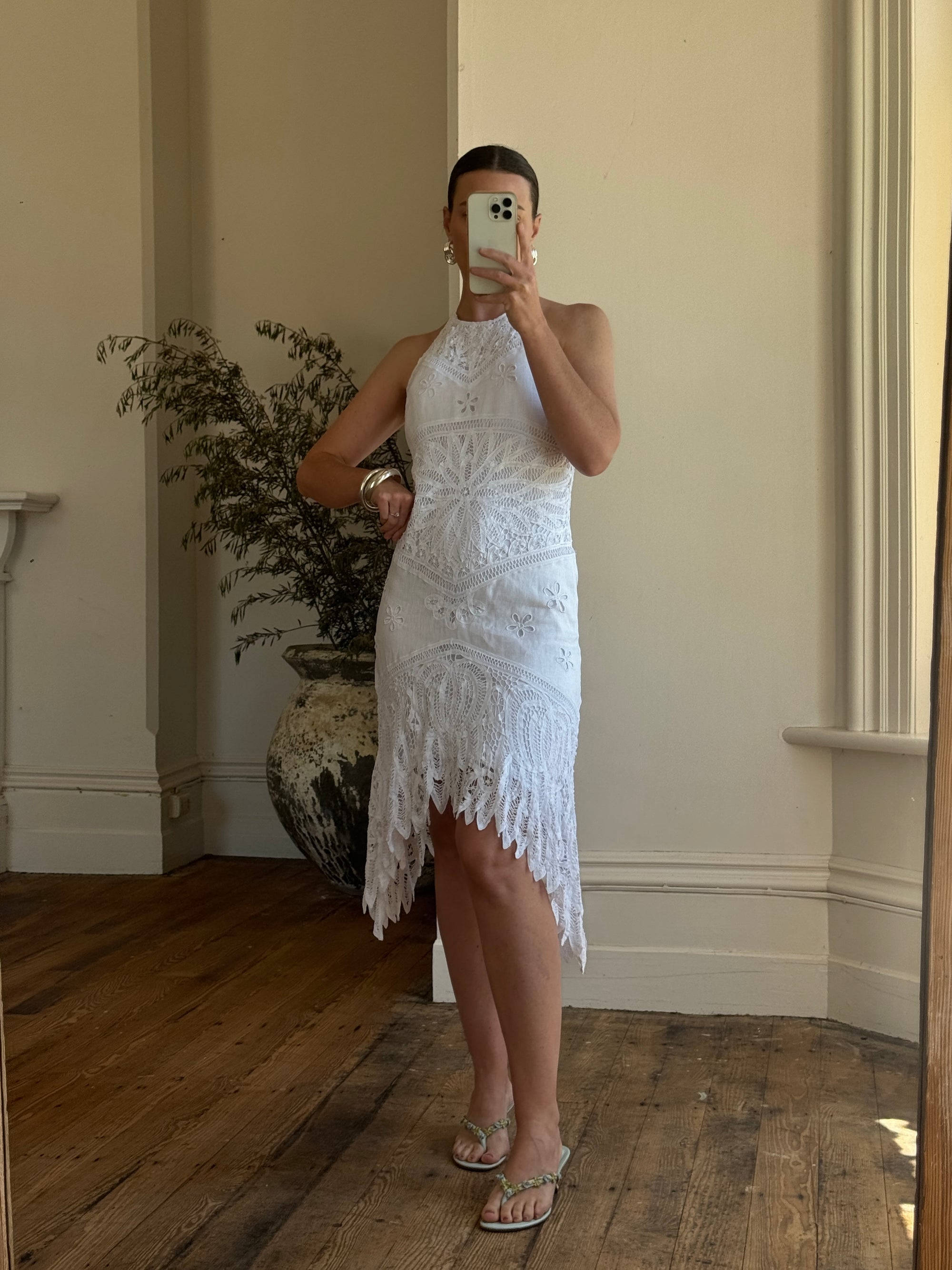 Vintage 90s Crochet Linen Handkerchief Halter Dress