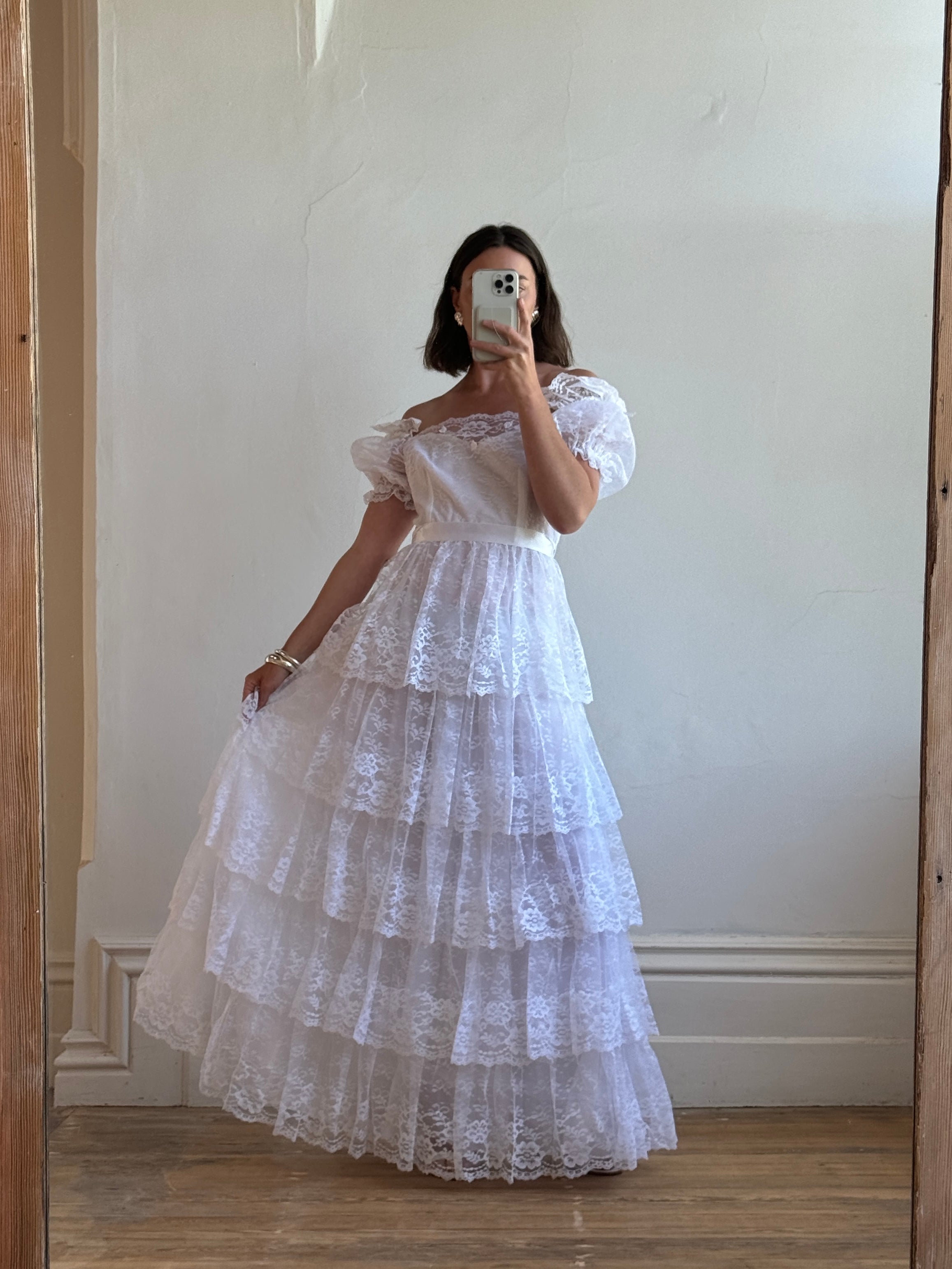 Vintage 70s Tiered Lace Wedding Dress With Ribbon