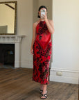Vintage Y2K Burnt Velvet Beaded Fringe Halter and Skirt Set Crimson