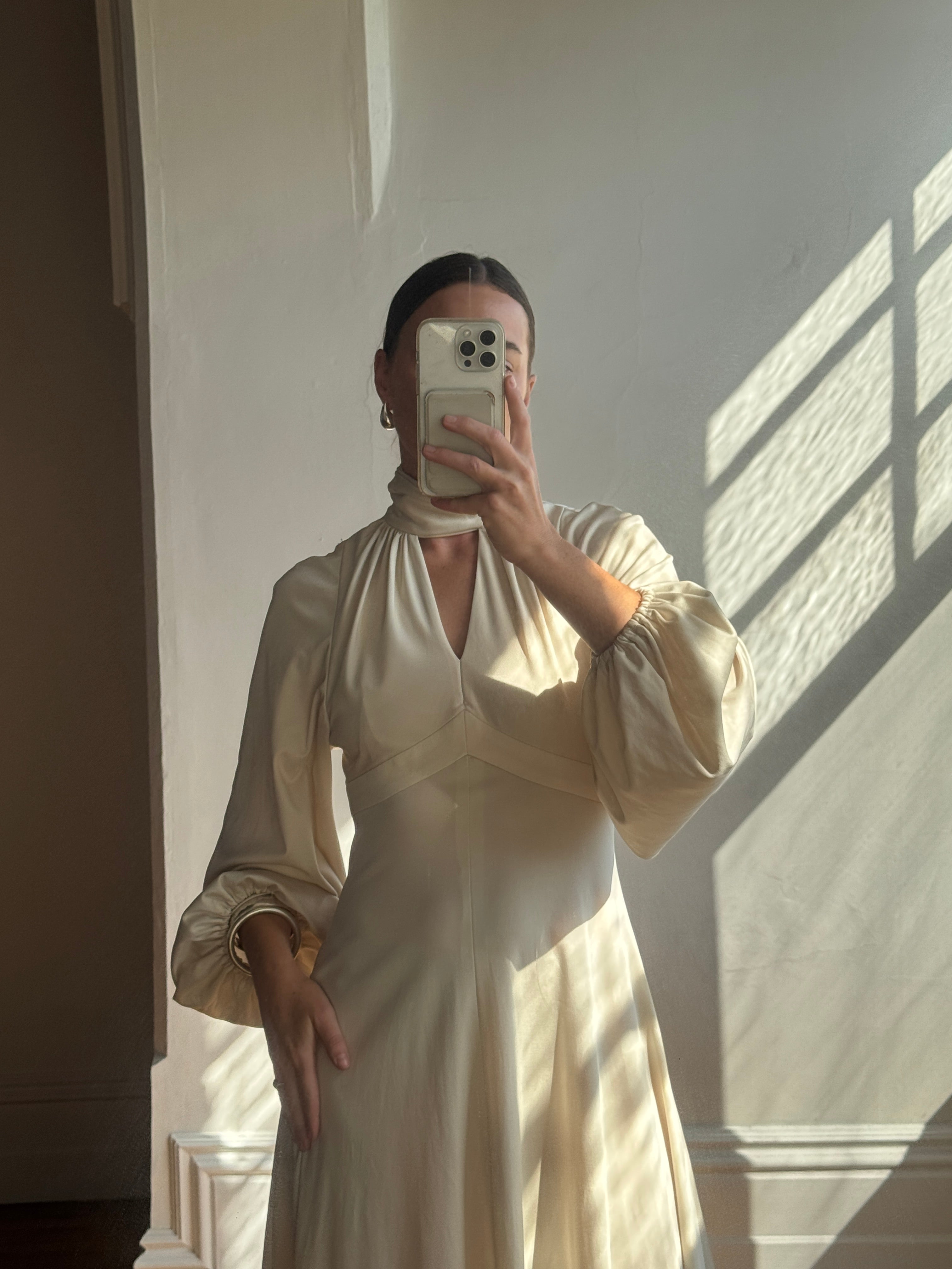 Vintage 70s Jersey High Neck Maxi Dress Creme