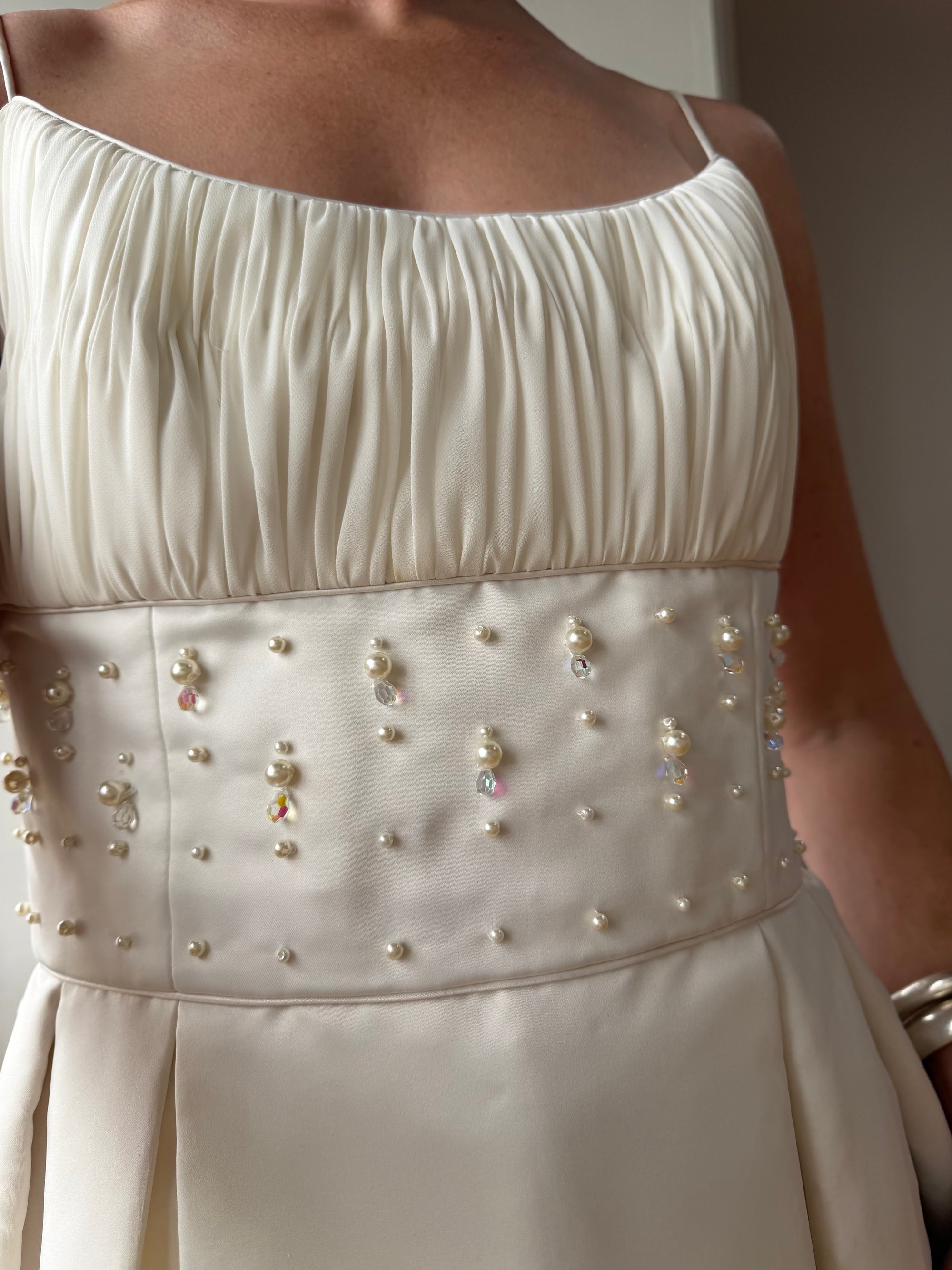 Vintage 90s Crystal Gathered Princess Satin Wedding Gown