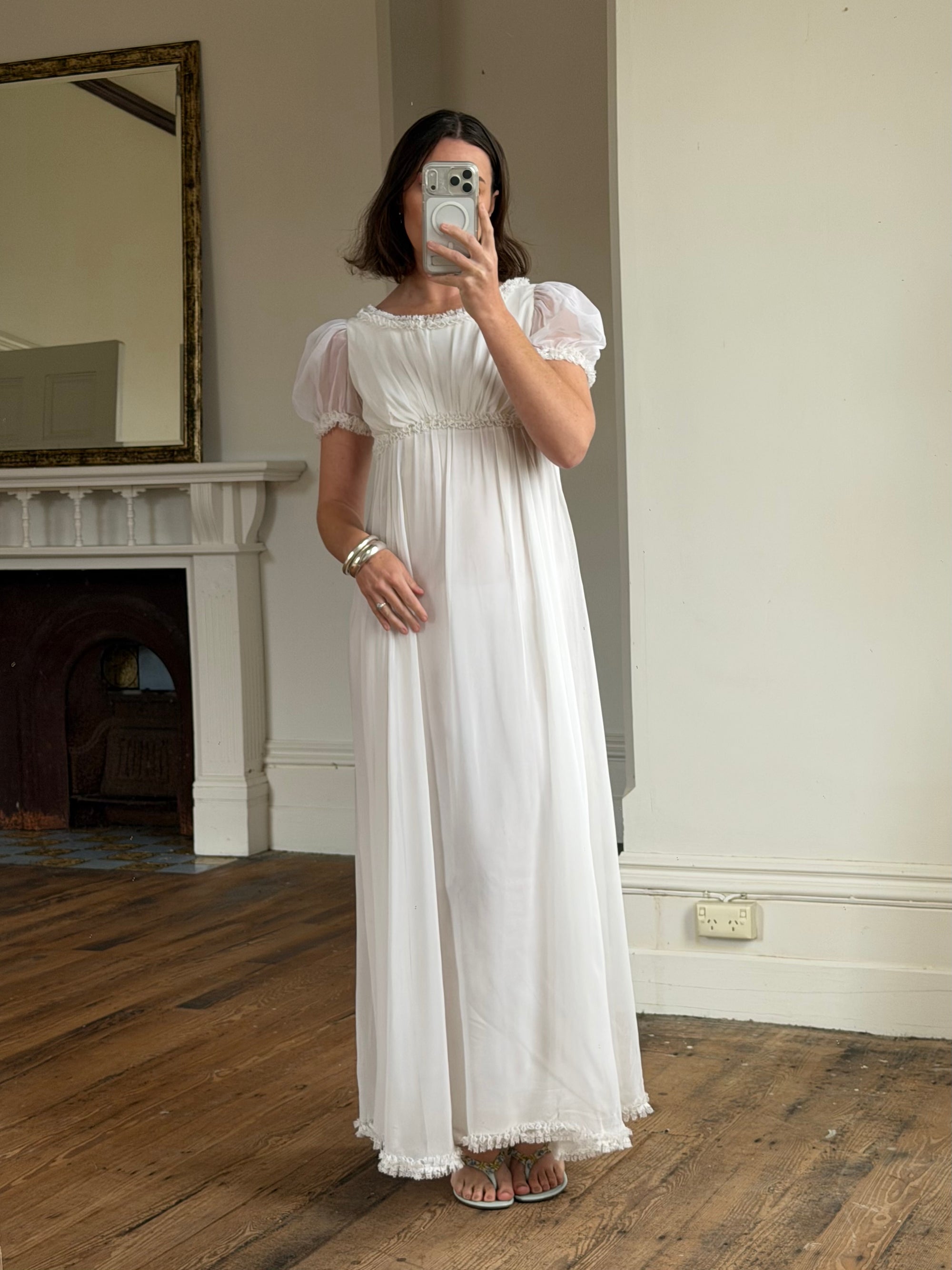 Vintage 70s White Chiffon Smocked Puff Sleeve Wedding Dress