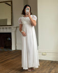 Vintage 70s White Chiffon Smocked Puff Sleeve Wedding Dress