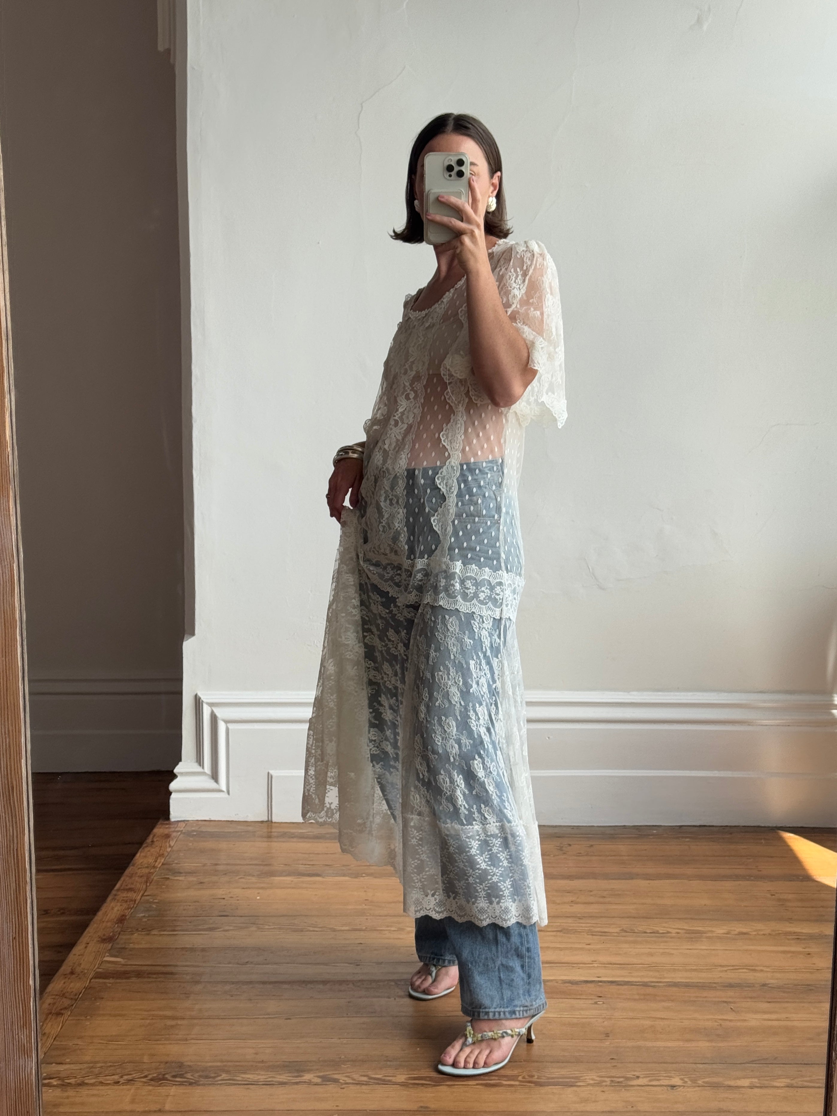 Vintage 70s Stretchy Sheer Lace Smock Dress Creme