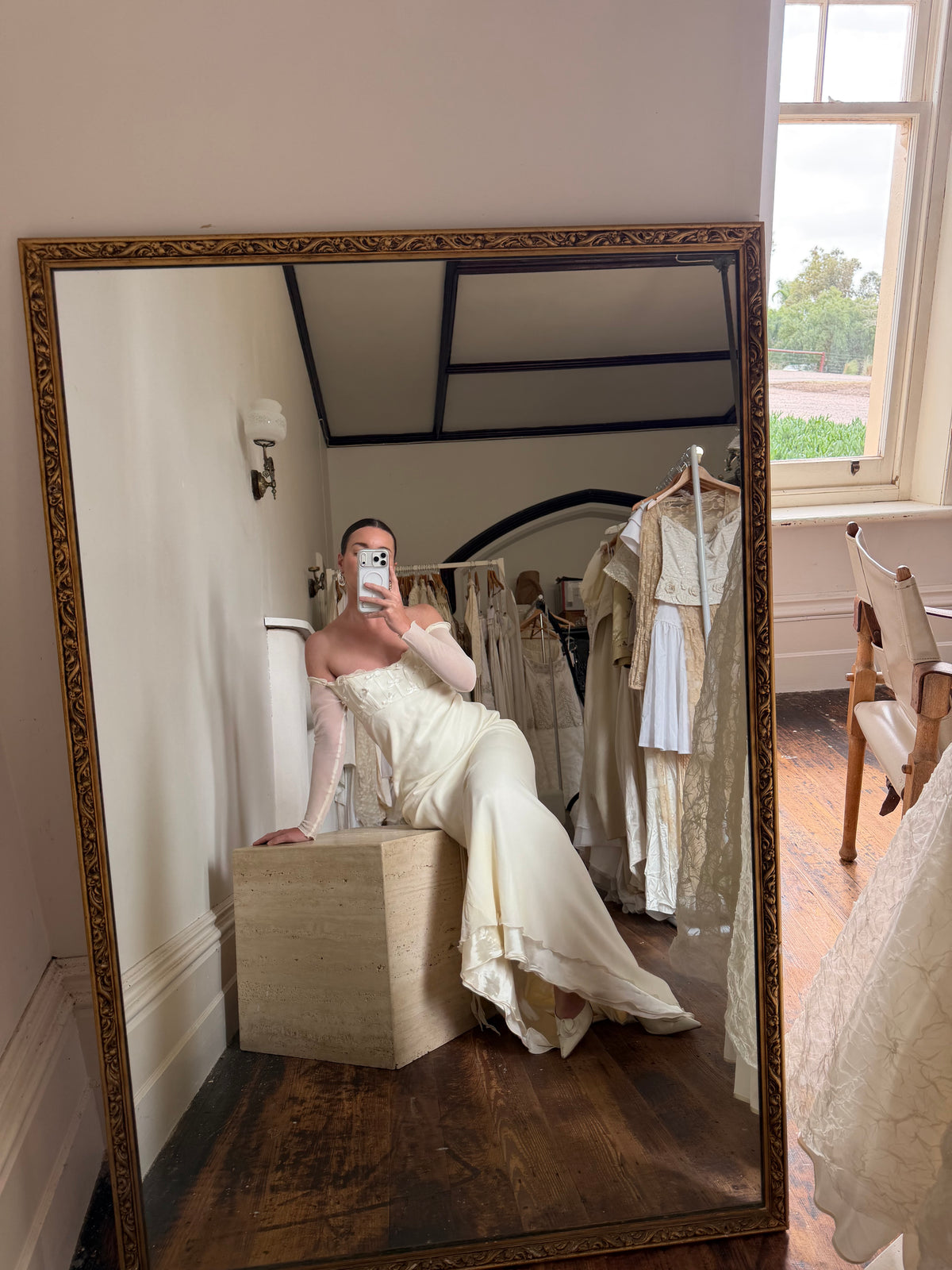 Vintage 90s Pure Silk Chiffon Empire Bow Off Shoulder Wedding Dress