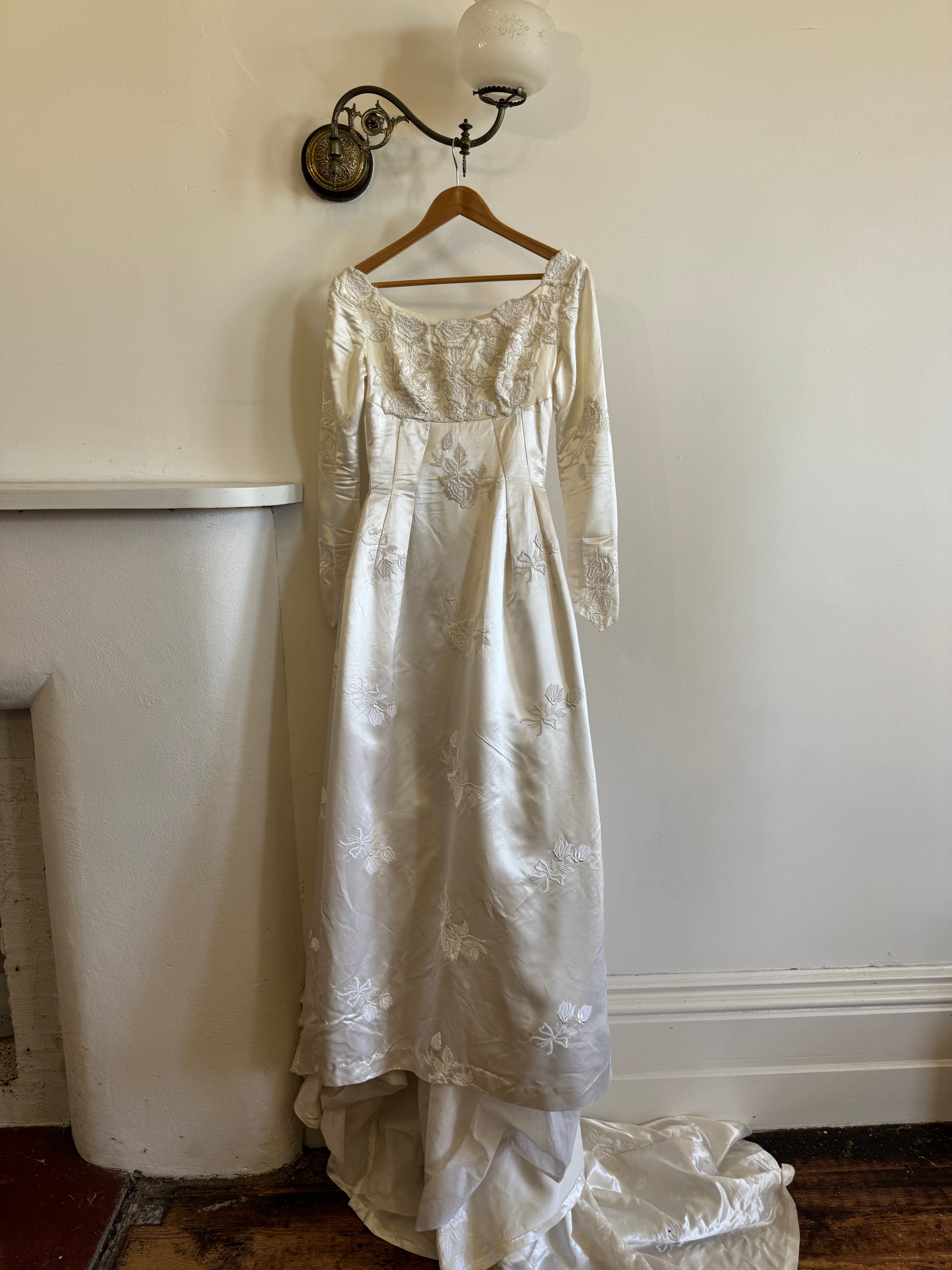 Vintage 60s Satin Jacquard Embellished Wedding Gown Ivory
