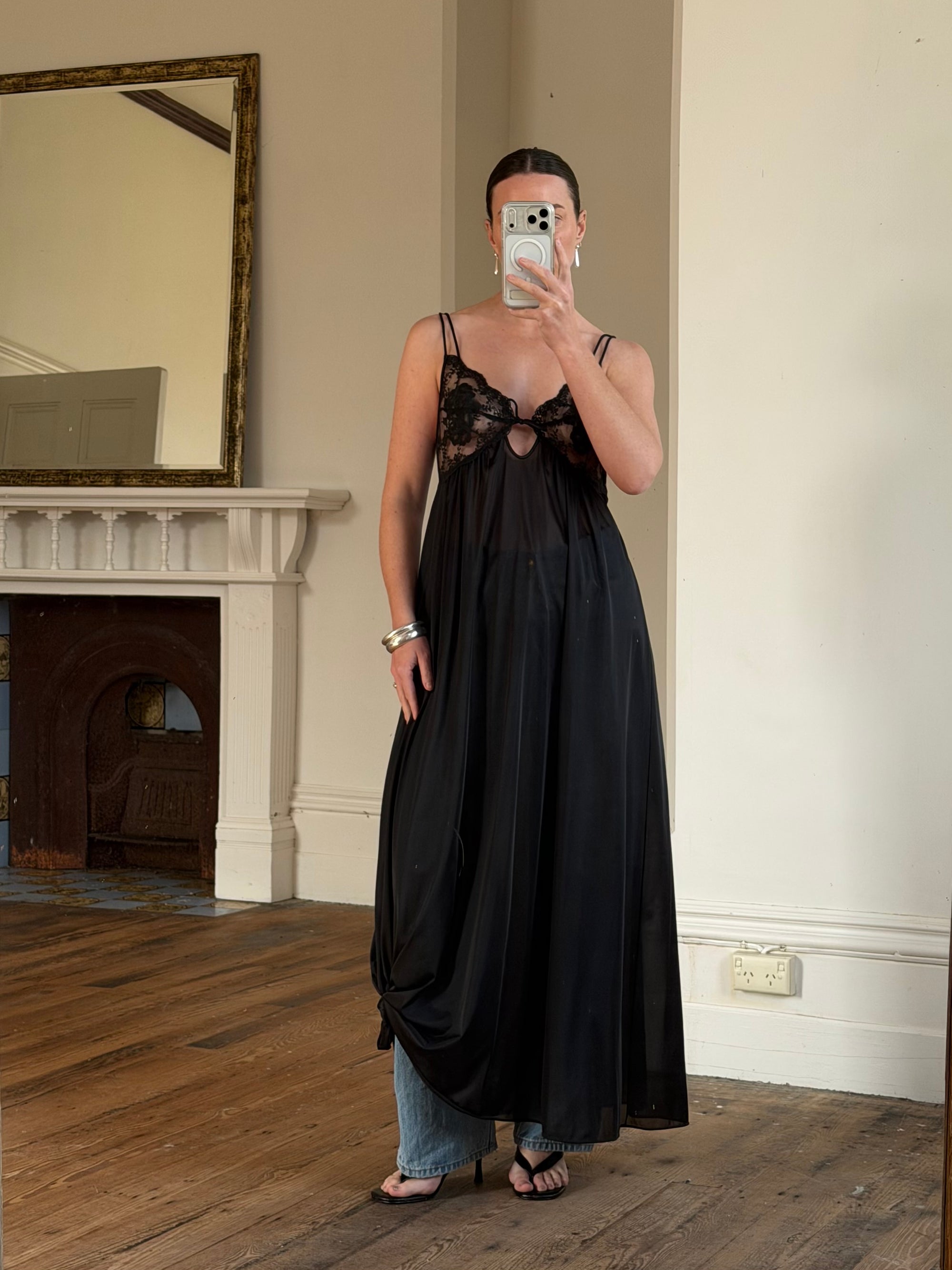 Vintage 80s Sheer Lace Slip Dress Noir