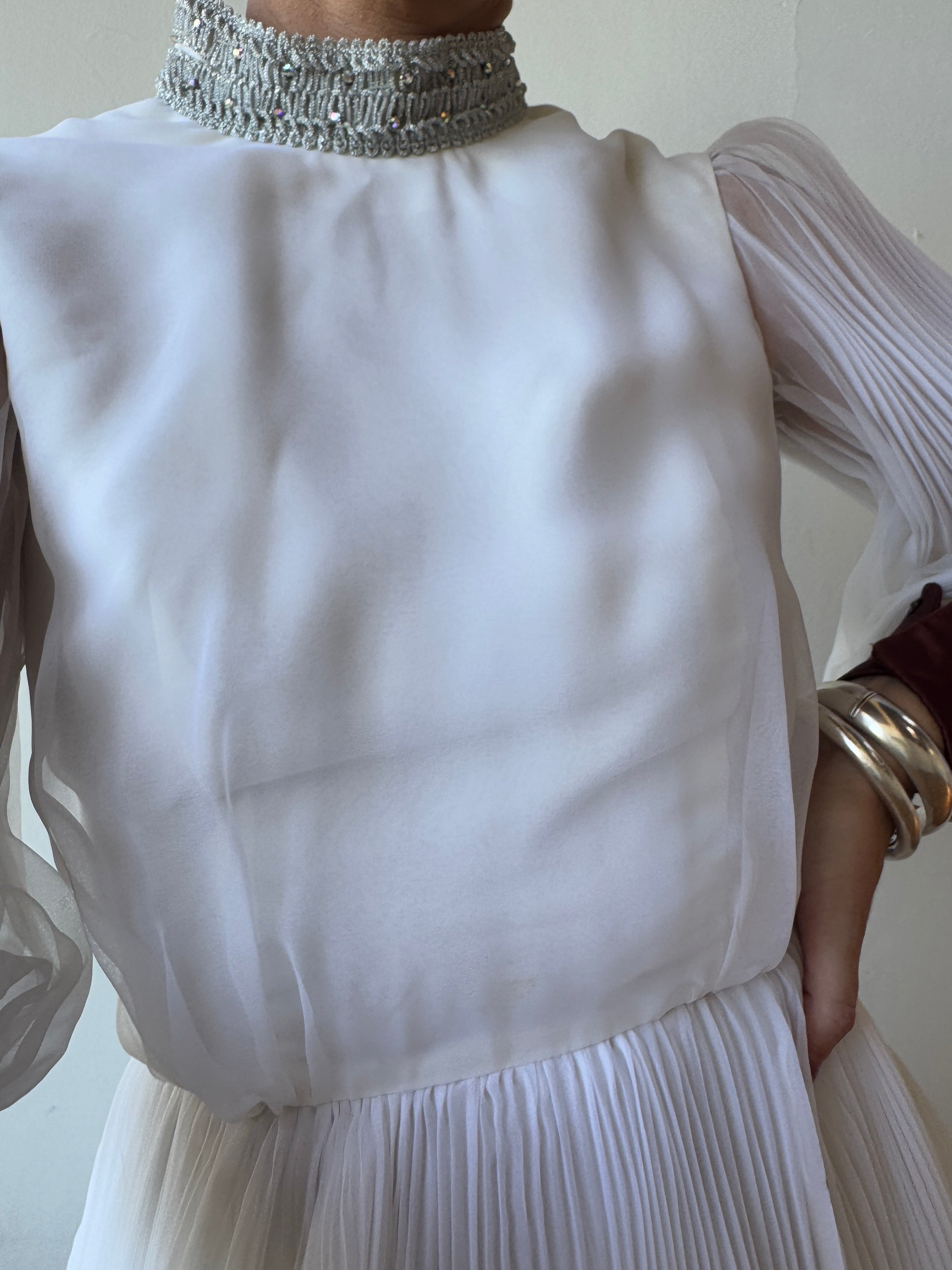 Vintage 70s Pleated Souffle Mini Dress White