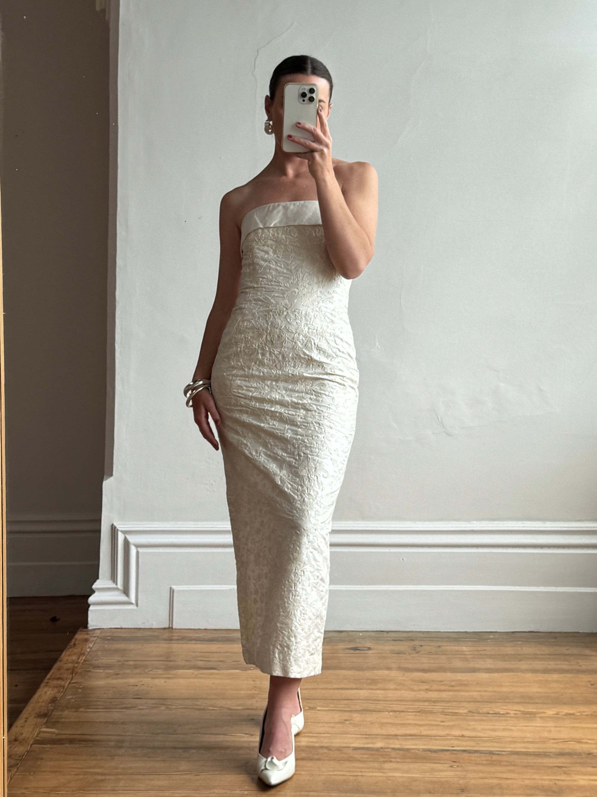 Vintage 90s Pure Silk Jacquard Strapless Bridal Midi