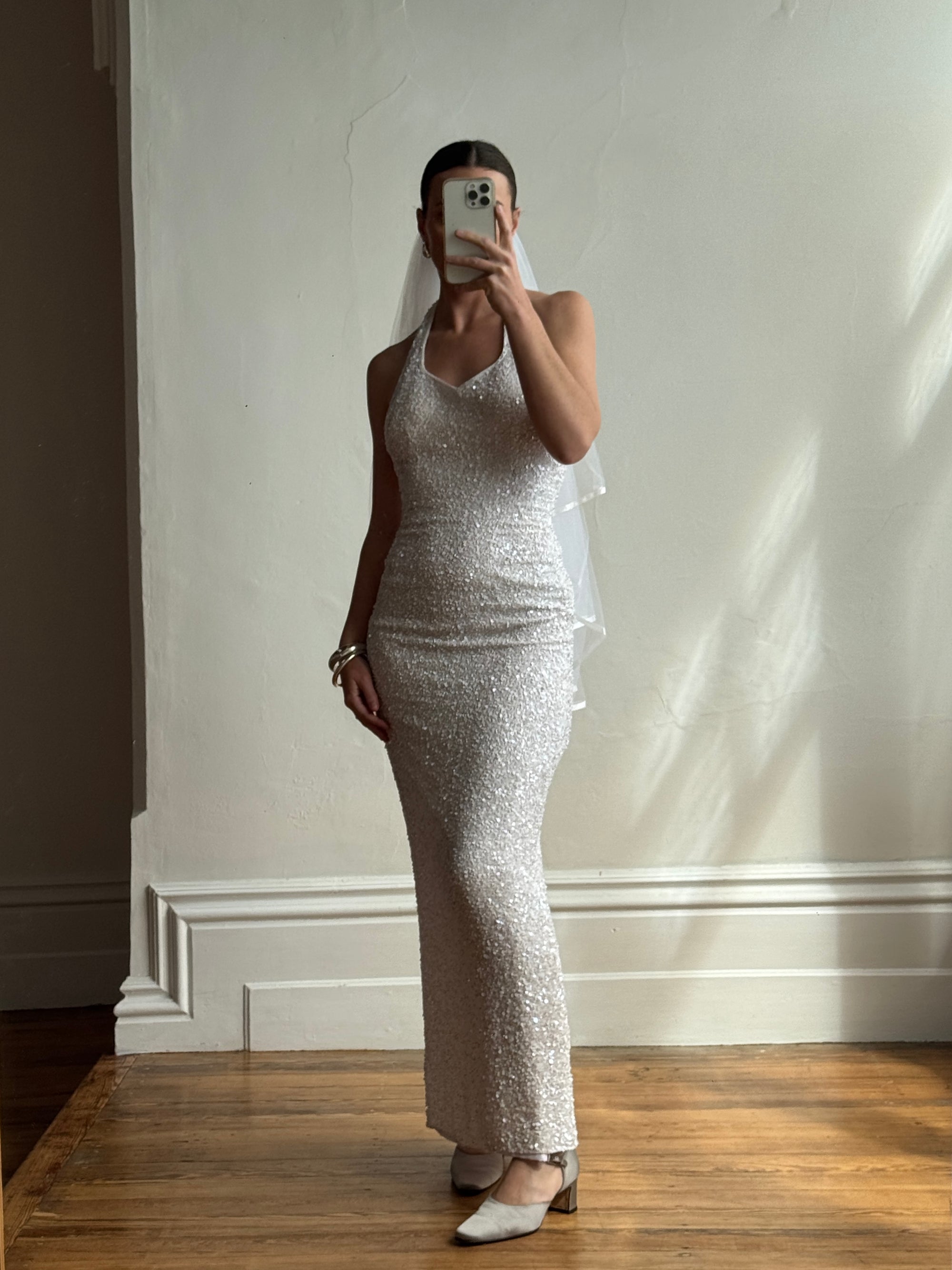 Vintage 90s Sequin Embellished Halter Bodycon Midi Dress White
