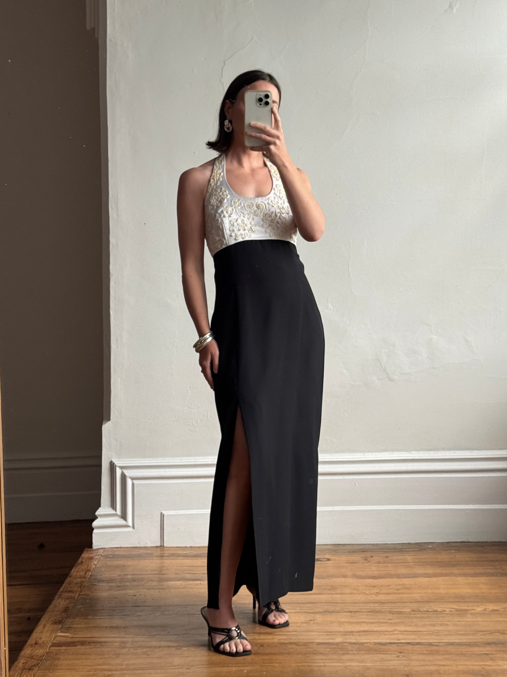 Vintage 90s Halter Crepe Contrast Rope Embroidery Midi Dress